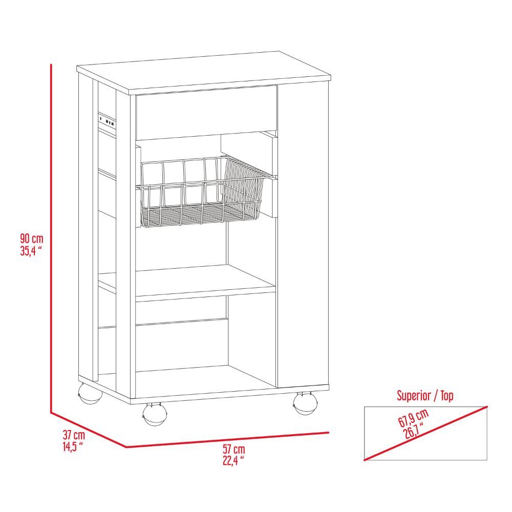 Blosson Kitchen Cart, One Drawer, Two Open Shelves, Four Casters White Light Oak Multicolor Kitchen Modern Rectangular Stationary Kitchen Islands Particle Board Particle Board