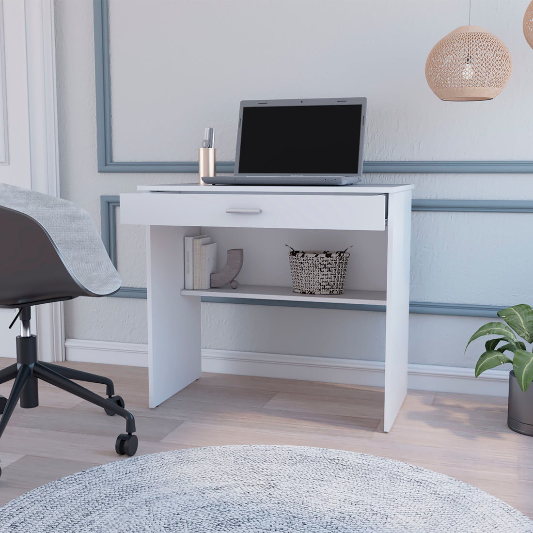 Kaylor Storage Desk, Modern Design With Drawer And Shelf White Computer Desk Office Modern Freestanding Pine Drawers Computer Tables Particle Board Engineered Wood