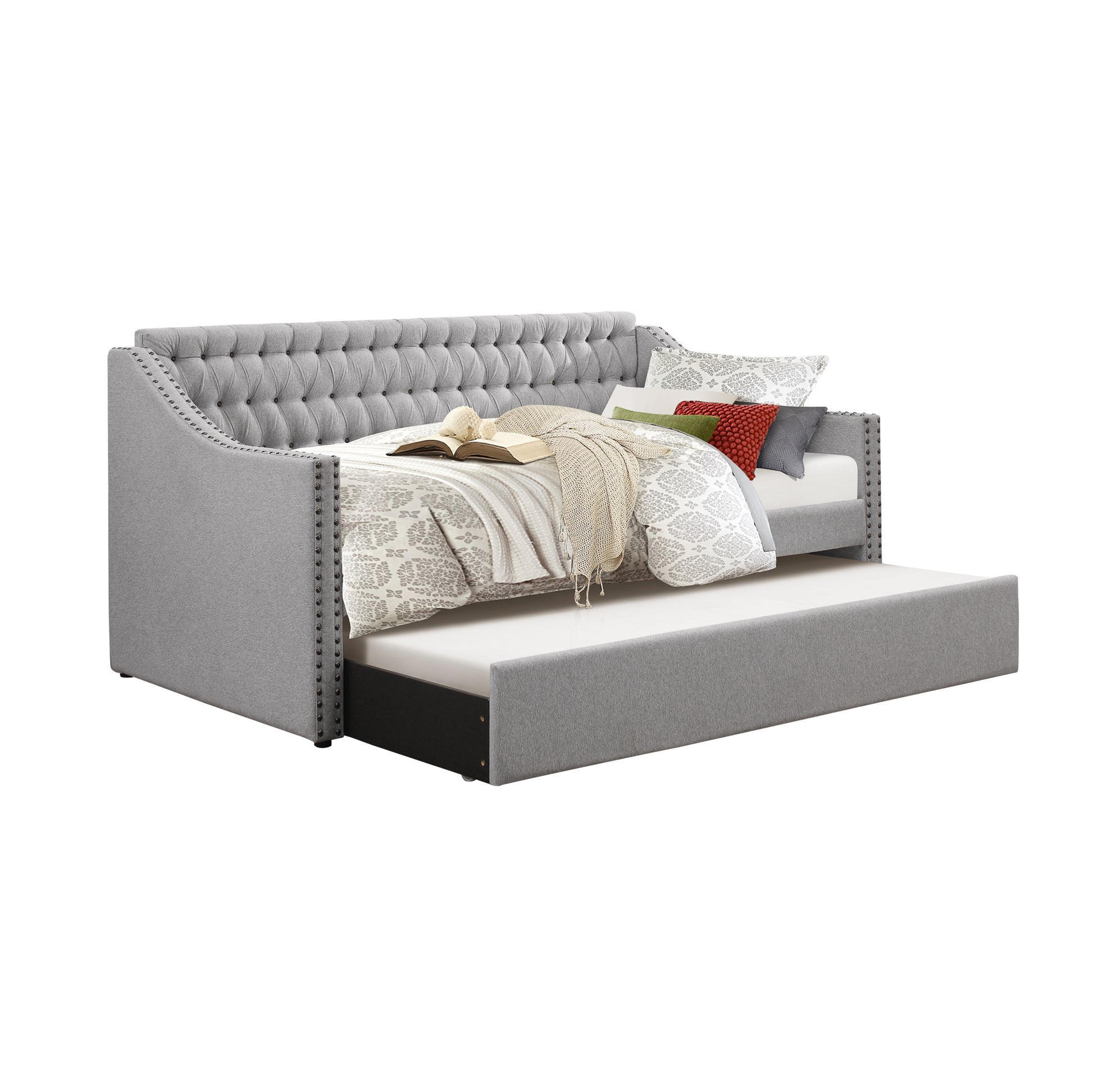 Modern Design Gray Fabric Upholstered 1Pc Sofa Bed W Trundle Button Tufted Detail Trim Daybed Wooden Furniture Twin Box Spring Not Required Gray Wood Bedroom Modern,Traditional Polyester Wood