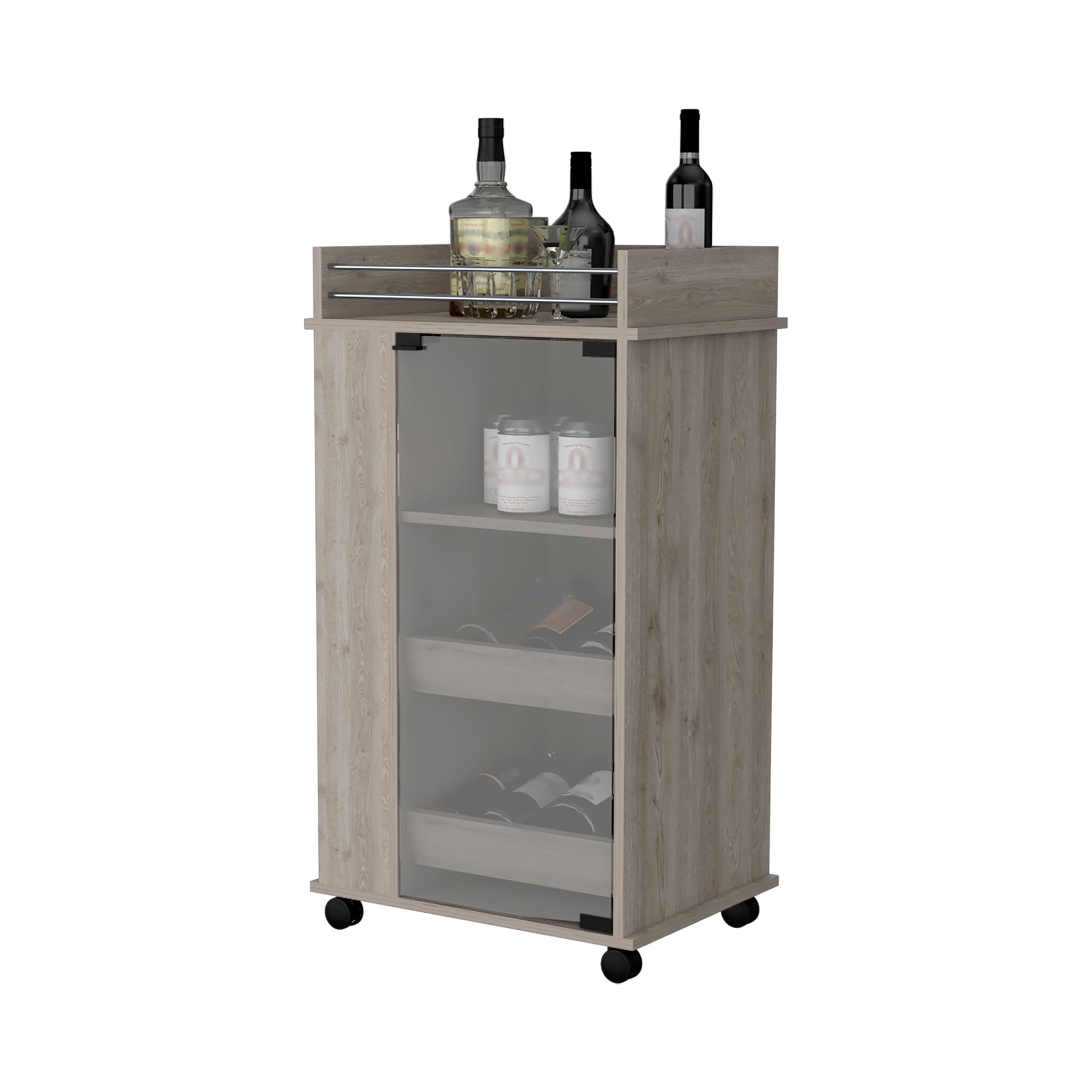 Lusk Bar Cart With 2 Bottle Holder Shelf, Glass Door And Casters 1 2 Shelves Light Gray Primary Living Space Particle Board Engineered Wood