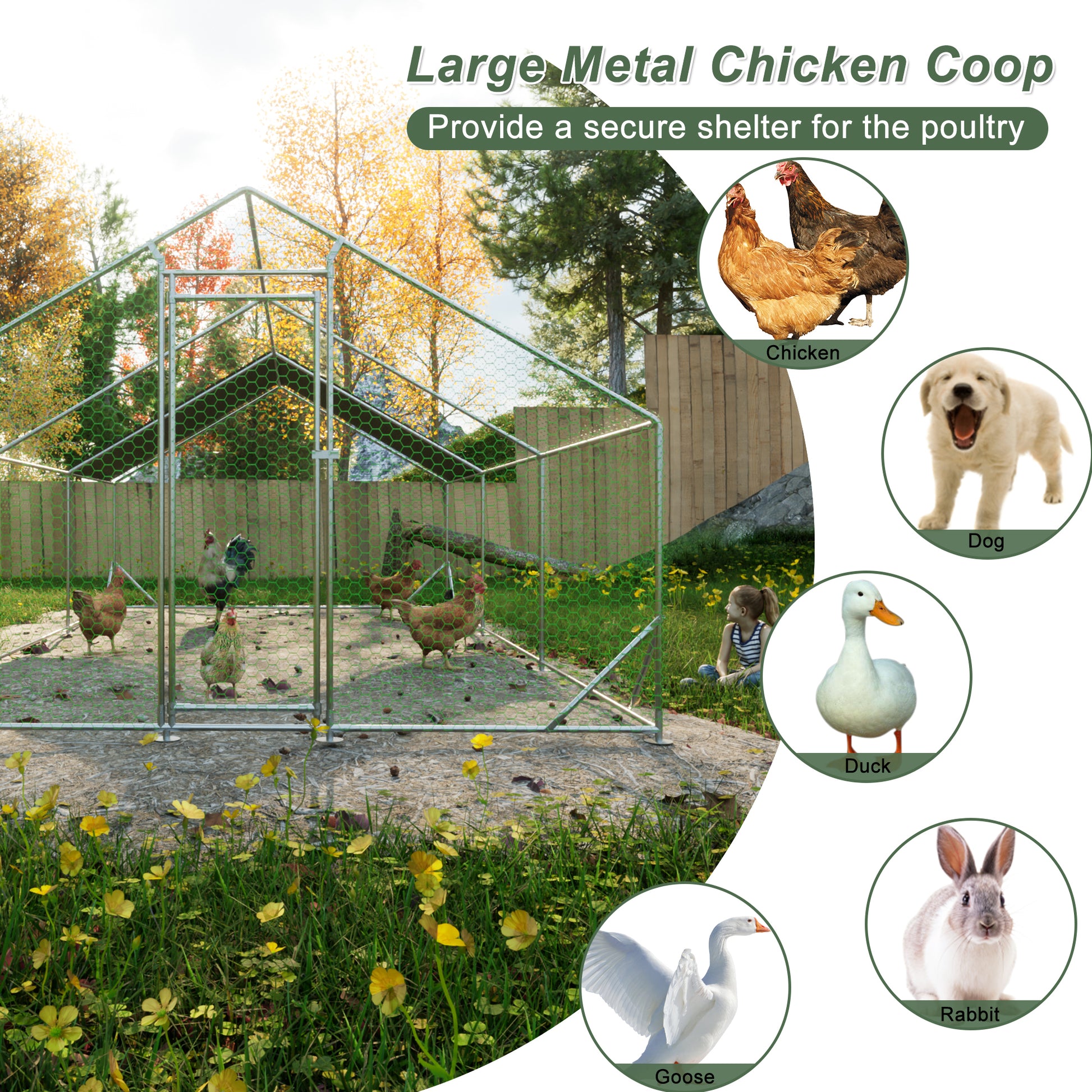 Large Metal Chicken Coop, Walk In Chicken Run,Galvanized Wire Poultry Chicken Hen Pen Cage, Rabbits Duck Cages With Waterproof And Anti Ultraviolet Cover For Outside 10' L X 20' W X 6.56' H Silver Metal