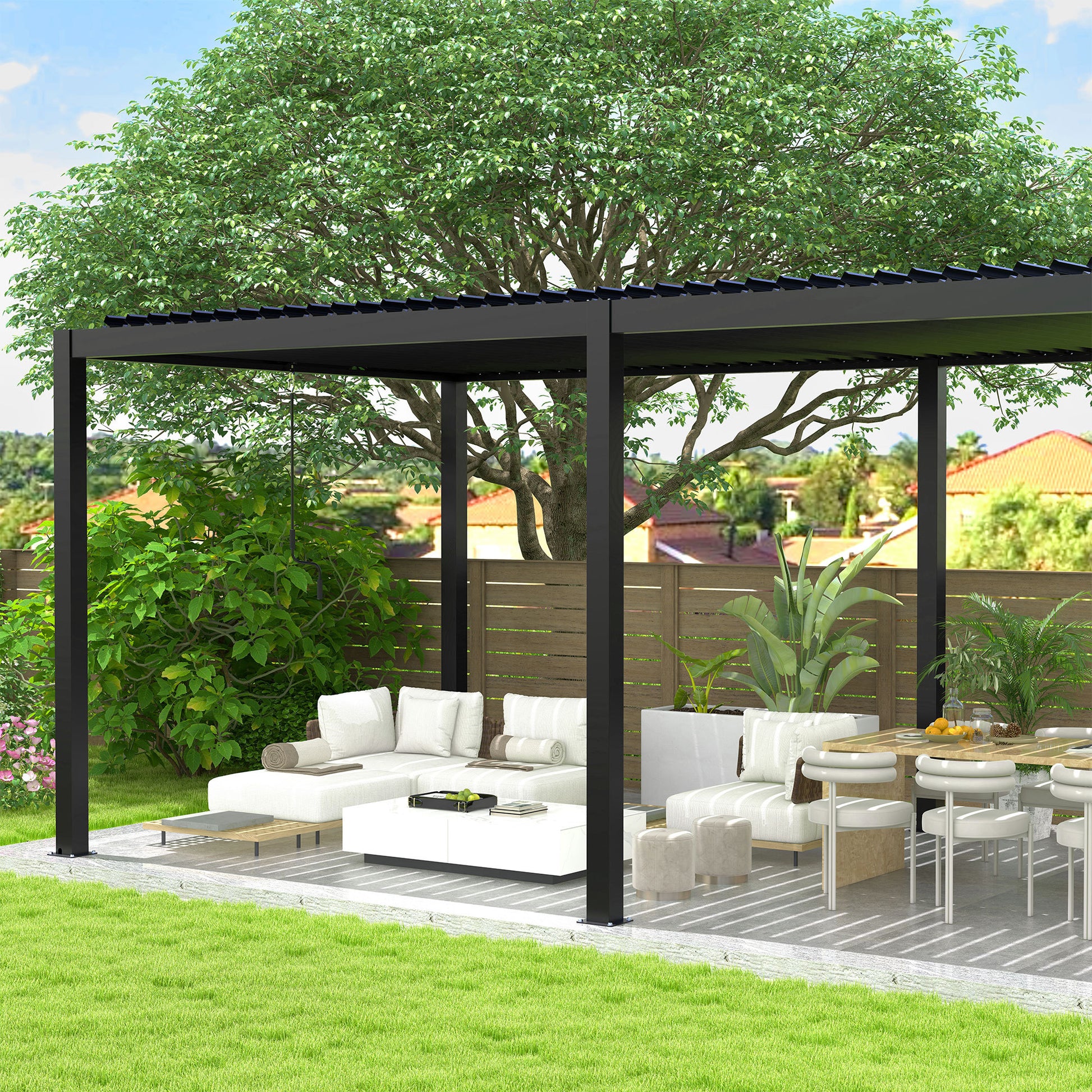 8640E Louver Pergola 10X19Ft Aluminum Frame & Steel Louvers Black Aluminum