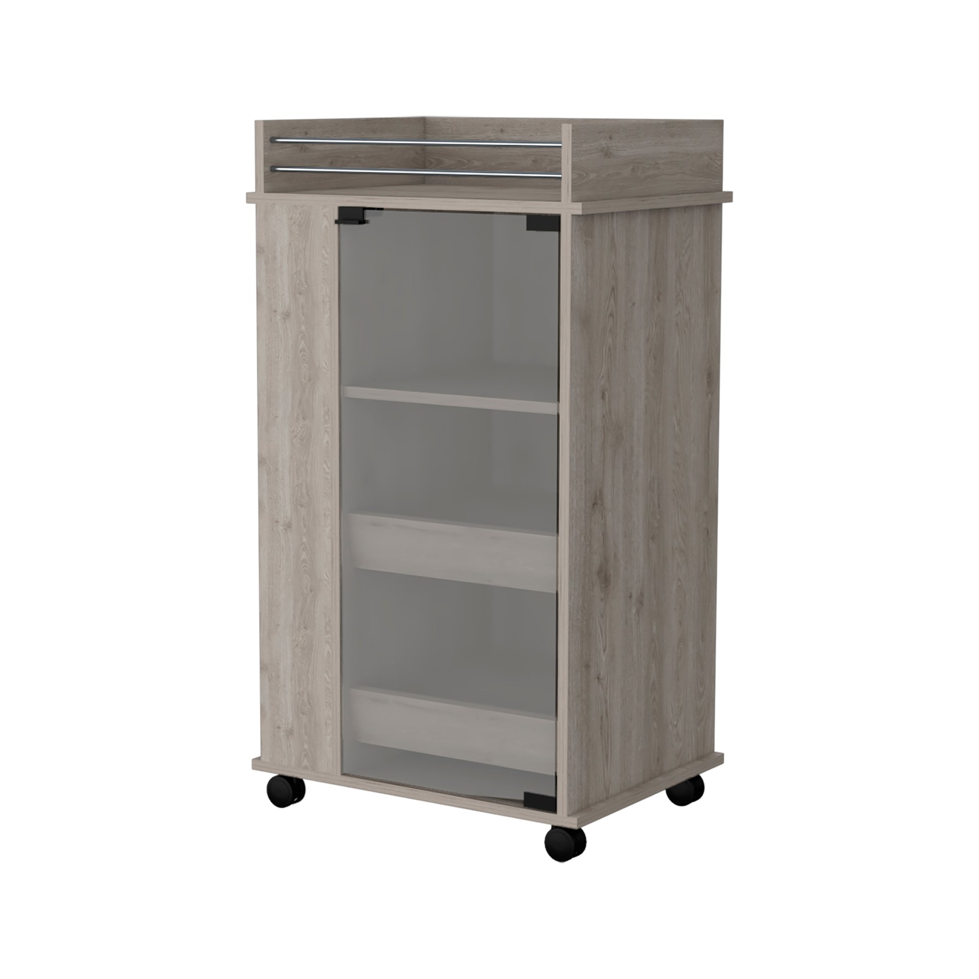 Lusk Bar Cart With 2 Bottle Holder Shelf, Glass Door And Casters 1 2 Shelves Light Gray Primary Living Space Particle Board Engineered Wood