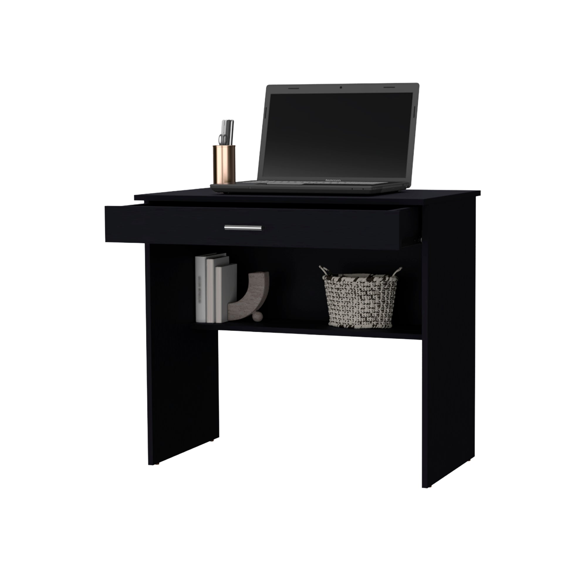 Kaylor Storage Desk, Modern Design With Drawer And Shelf Black Office Freestanding Pine Drawers Computer Tables Particle Board Engineered Wood