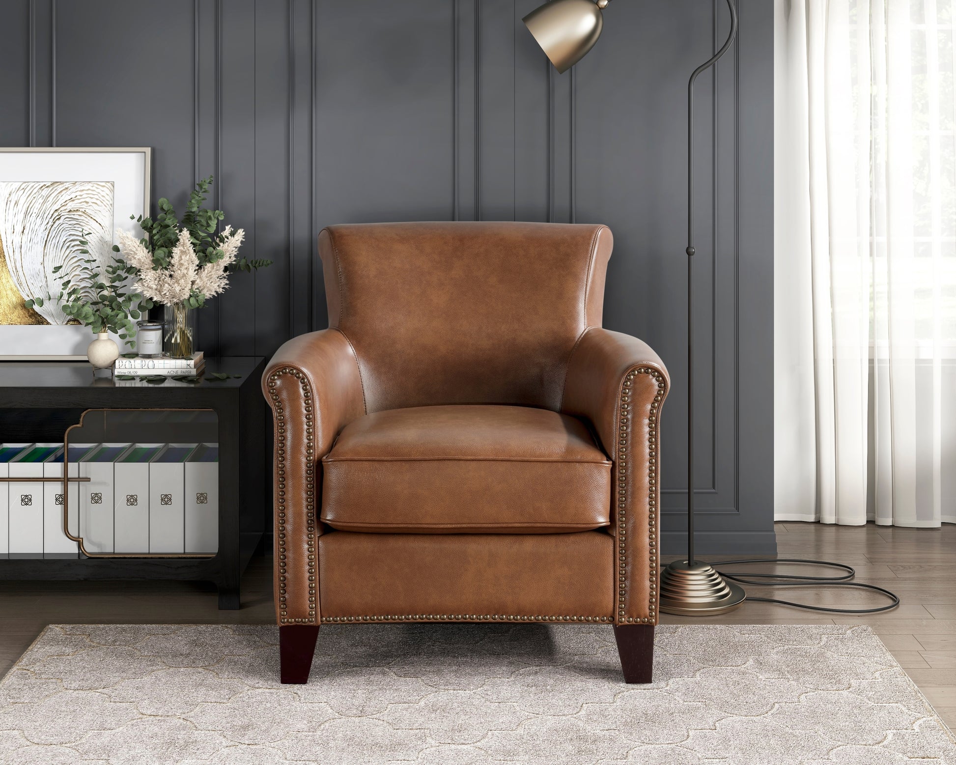 Traditional Brown Leather Accent Chair 1Pc Solid Wood Frame Top Grain Leather Trim Classic Modern Living Room Furniture Brown Primary Living Space Classic,Traditional,Transitional Solid Wood