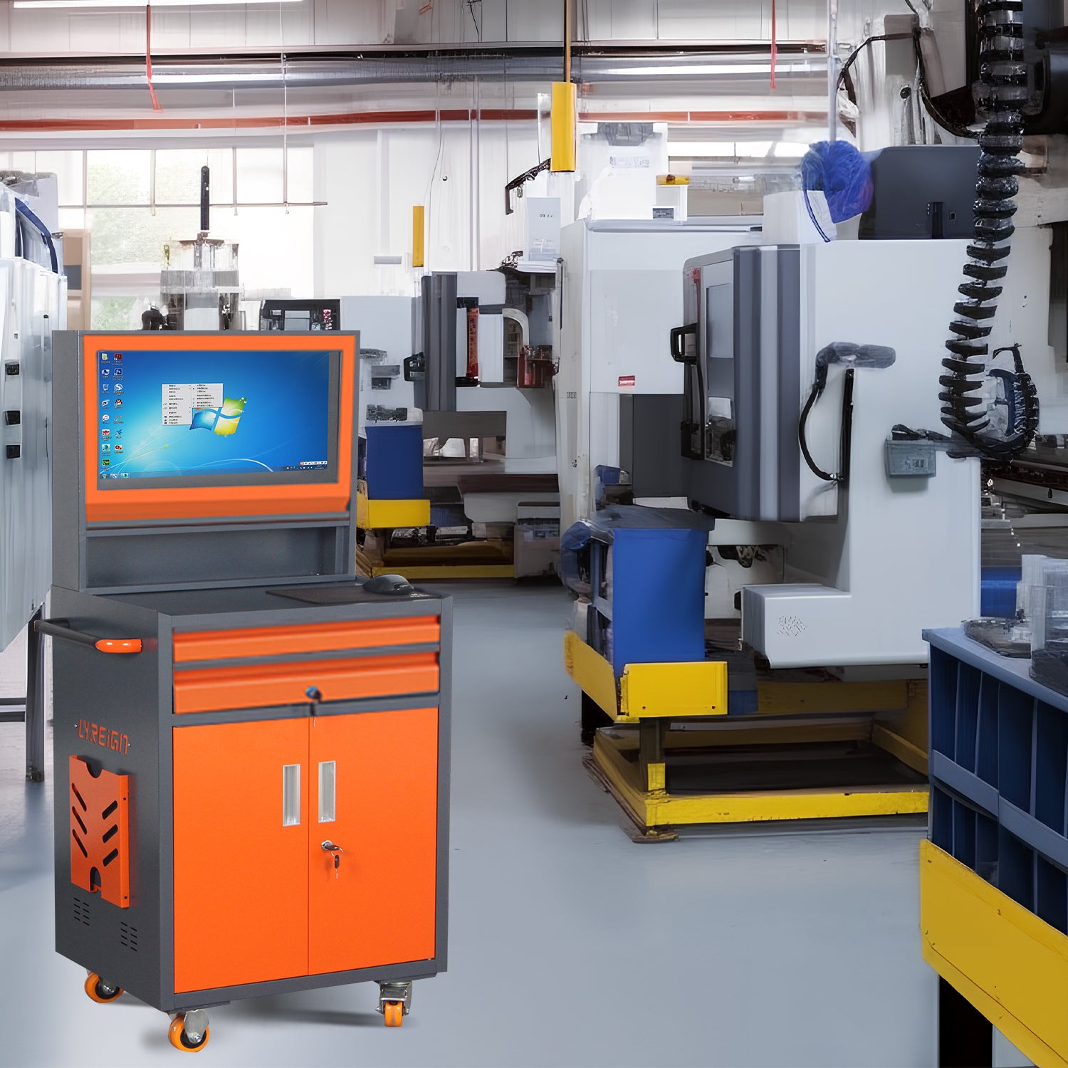 Industrial Pc Cabinet Metal Computer Cabinet Industrial Mobile Security Lcd Computer Cabinet Enclosure, Gray Orange, Suitable For Up To 27 Inch Monitors Gray Abs Steel Q235