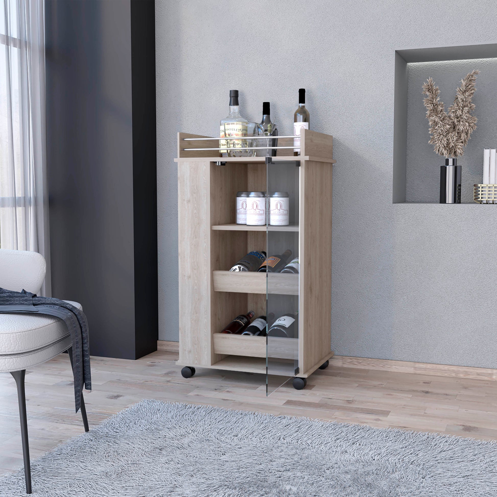 Lusk Bar Cart With 2 Bottle Holder Shelf, Glass Door And Casters 1 2 Shelves Light Gray Primary Living Space Particle Board Engineered Wood