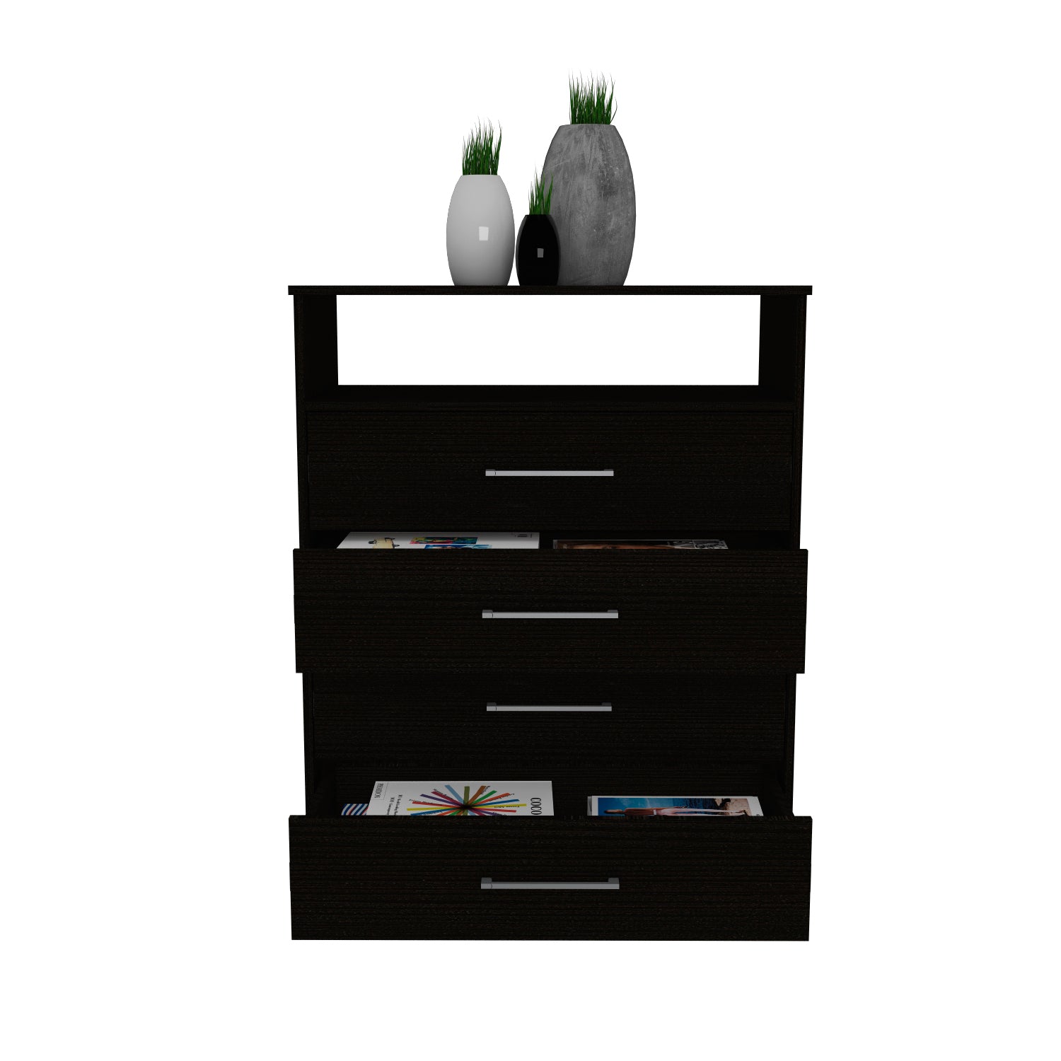 Continental Dresser, Superior Top, Four Drawers, One Shelf Black Black Drawer 4 Drawers Bedroom Modern Particle Board Particle Board