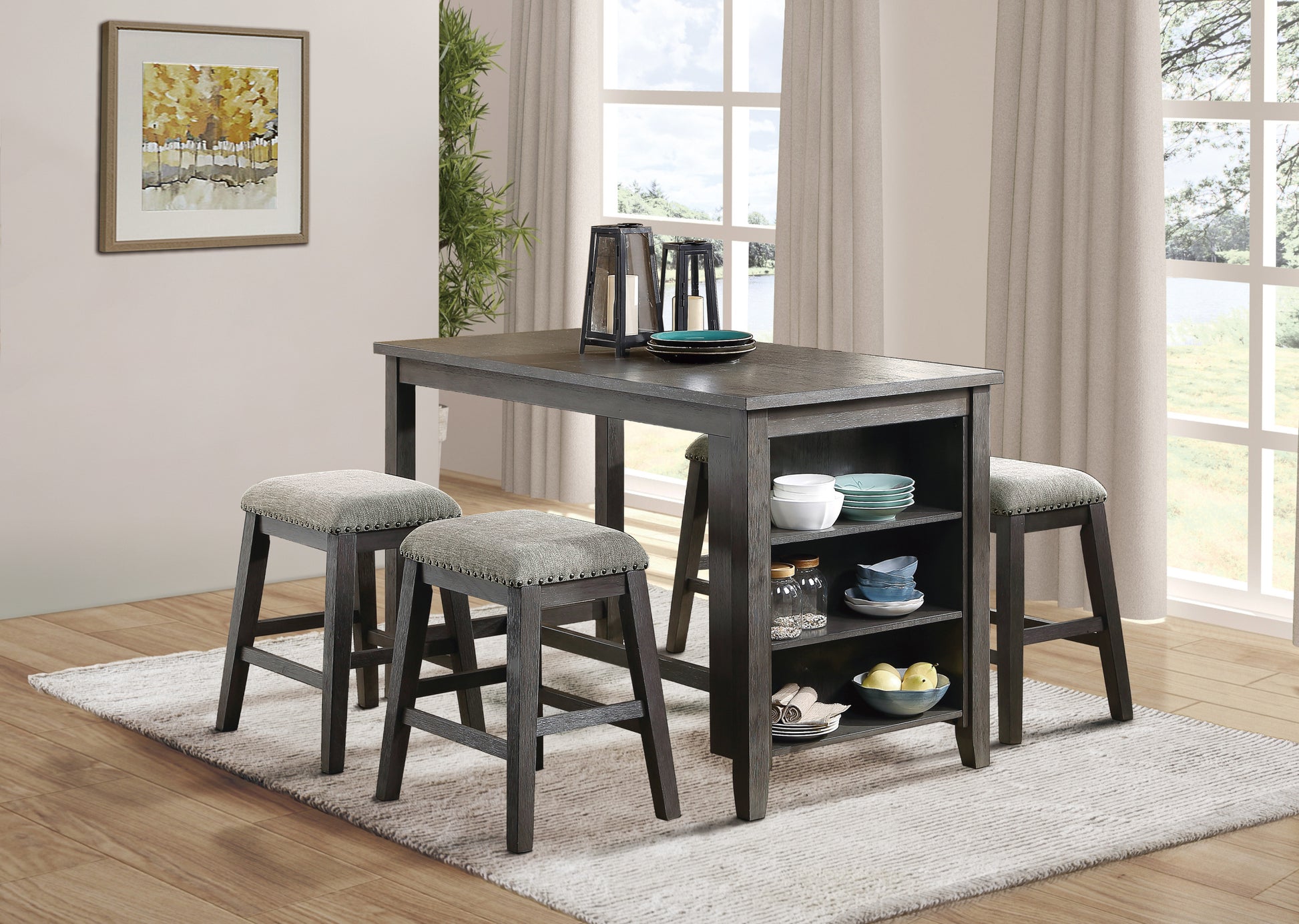 Gray Finish 5Pc Counter Height Set Multifunctional Counter Height Table With 4 Stools Gray Chenille Upholstery Trim Dining Room Furniture Wood Gray Seats 4 Wood Dining Room 60 Inches Rectangular Wood