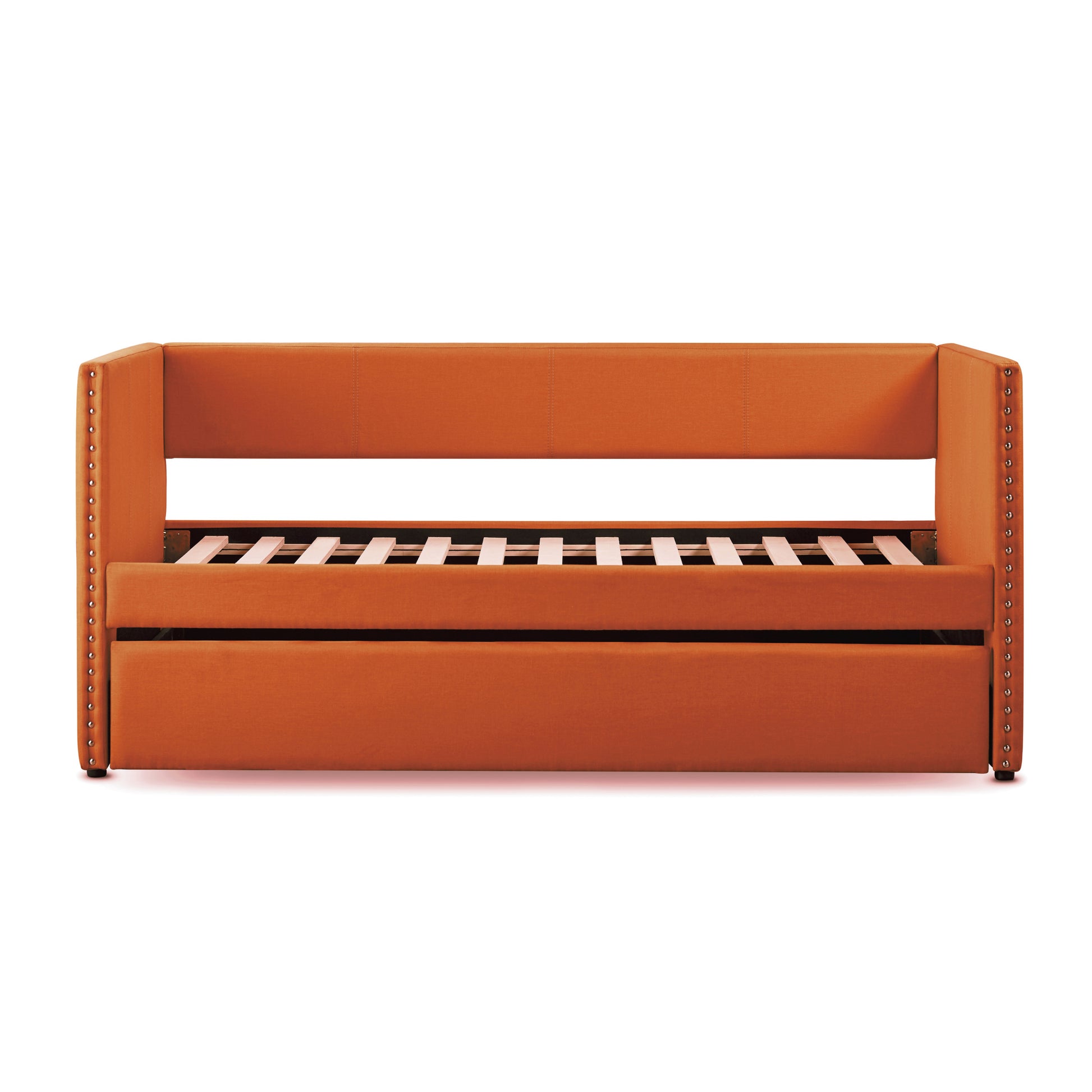 Orange Fabric Upholstered 1Pc Day Bed With Pull Out Trundle Trim Wood Frame Furniture Twin Box Spring Not Required Orange Bedroom Wood