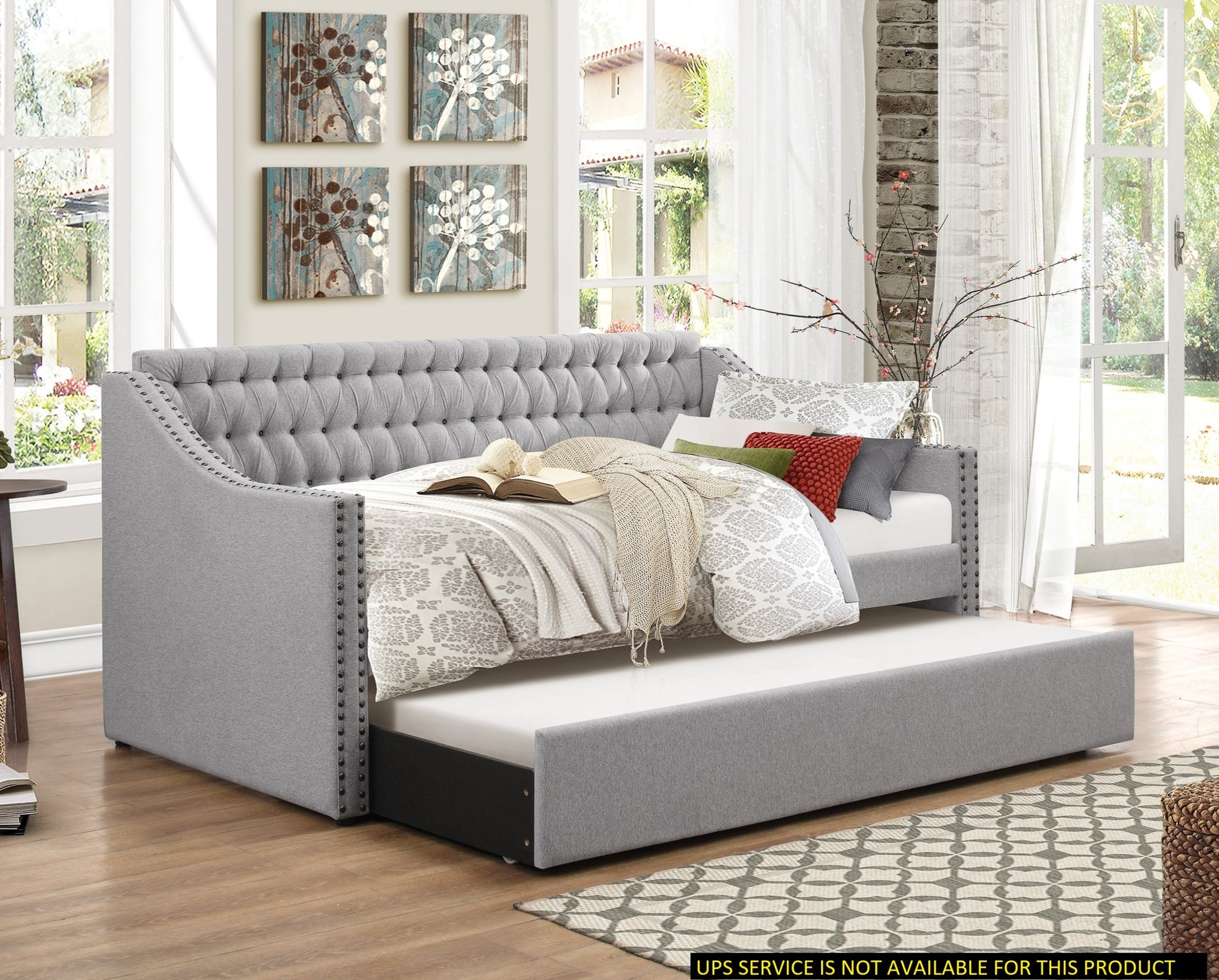 Modern Design Gray Fabric Upholstered 1Pc Sofa Bed W Trundle Button Tufted Detail Trim Daybed Wooden Furniture Twin Box Spring Not Required Gray Wood Bedroom Modern,Traditional Polyester Wood