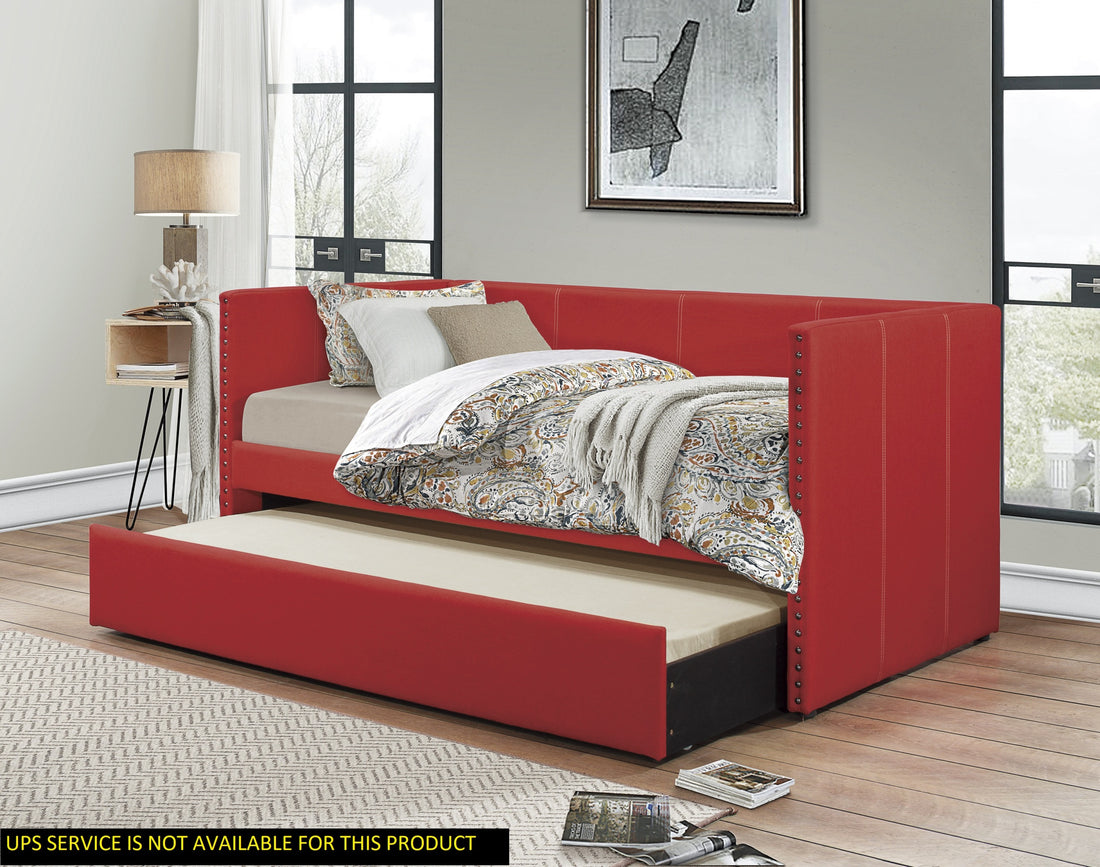 Red Fabric Upholstered 1Pc Day Bed With Pull Out Trundle Trim Wood Frame Furniture Twin Box Spring Not Required Red Wood Bedroom Polyester Wood