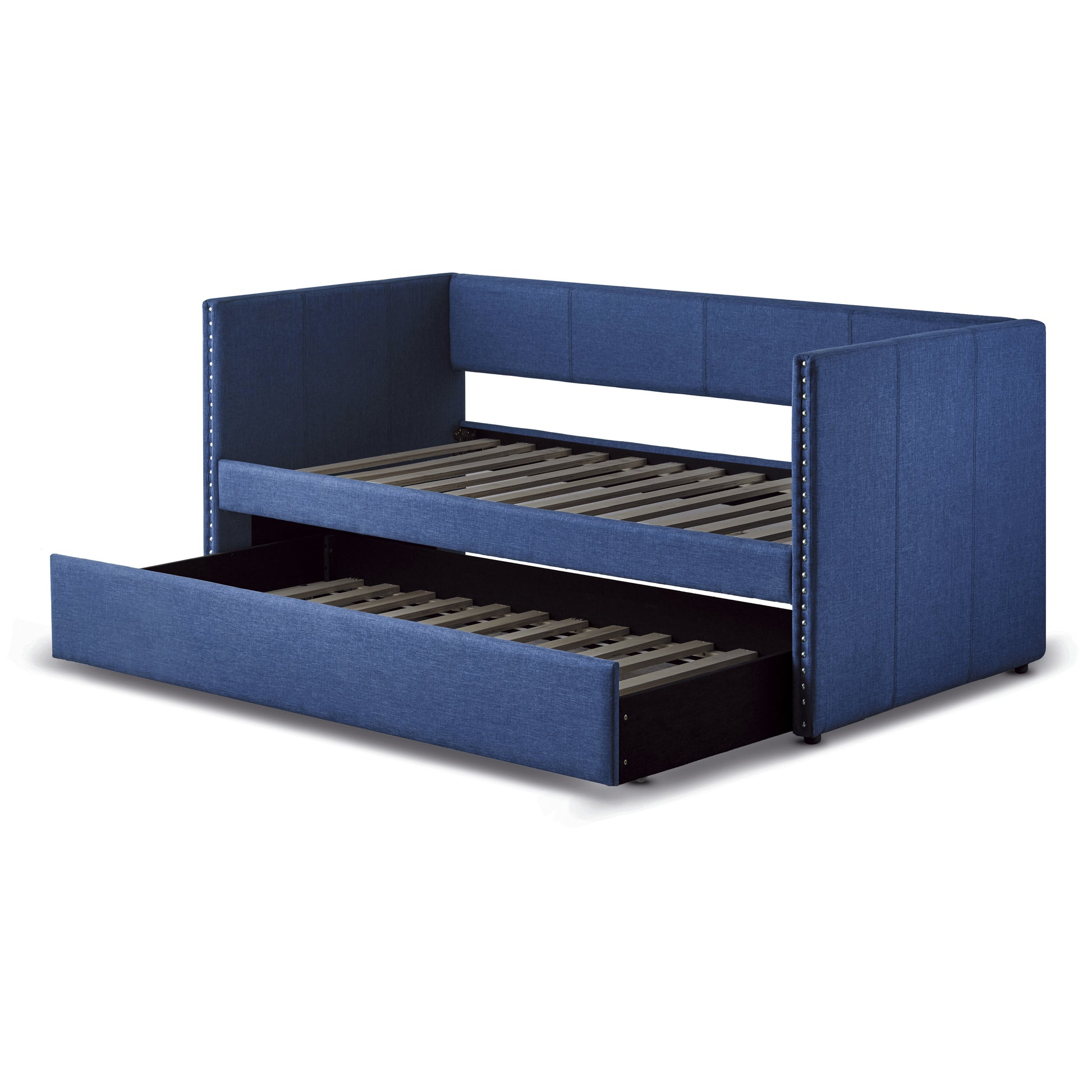 Blue Fabric Upholstered 1Pc Day Bed With Pull Out Trundle Trim Wood Frame Furniture Twin Box Spring Not Required Blue Wood Bedroom Polyester Wood