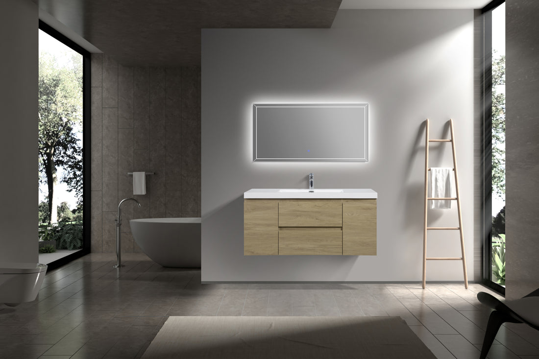 48'' Wall Hung Bathroom Vanity In Natural Oak With White Top 24Vangela 48 6066 Oak Mdf