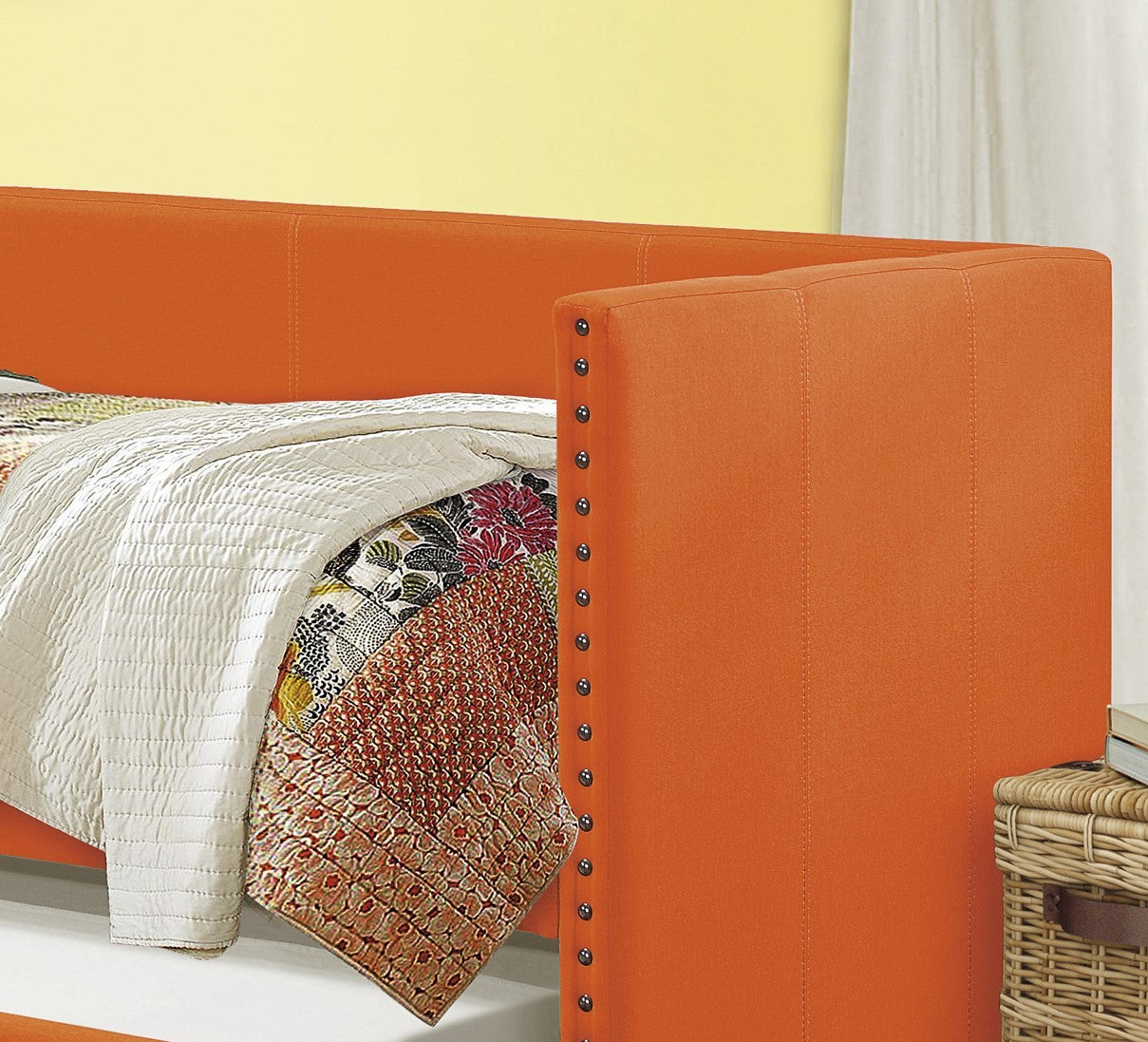 Orange Fabric Upholstered 1Pc Day Bed With Pull Out Trundle Trim Wood Frame Furniture Twin Box Spring Not Required Orange Bedroom Wood