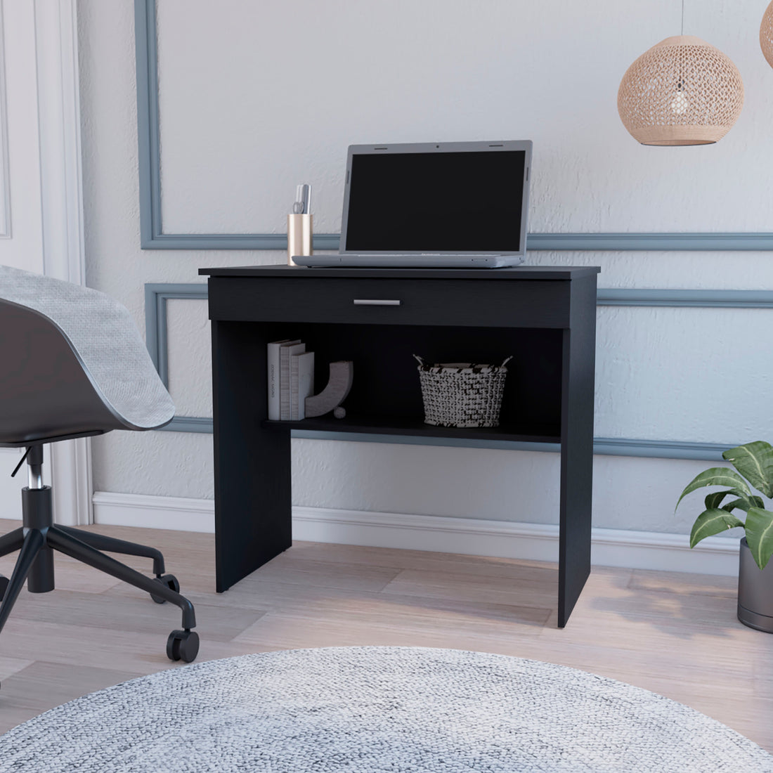 Kaylor Storage Desk, Modern Design With Drawer And Shelf Black Office Freestanding Pine Drawers Computer Tables Particle Board Engineered Wood