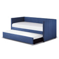 Blue Fabric Upholstered 1Pc Day Bed With Pull Out Trundle Trim Wood Frame Furniture Twin Box Spring Not Required Blue Wood Bedroom Polyester Wood