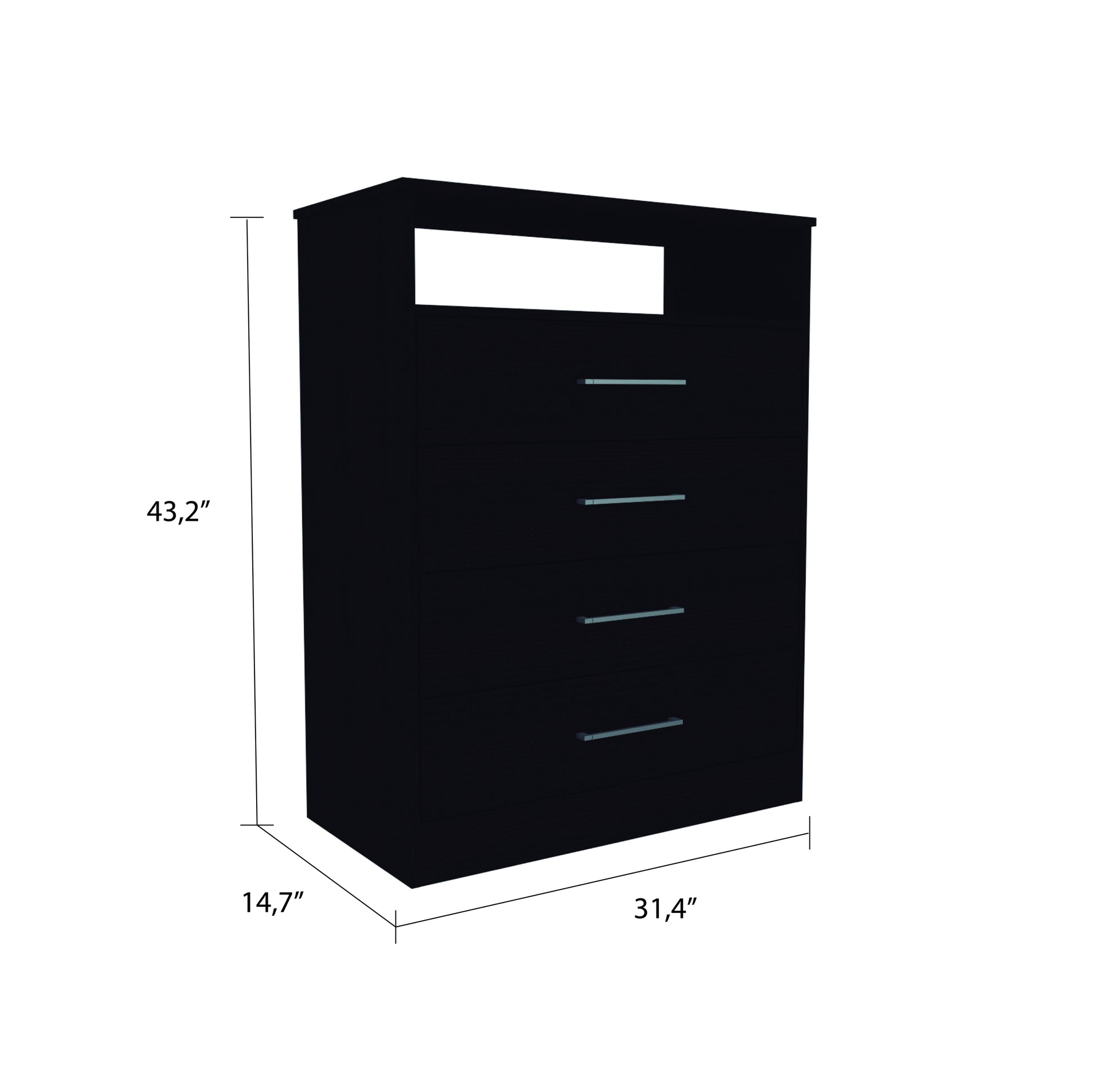 Continental Dresser, Superior Top, Four Drawers, One Shelf Black Black Drawer 4 Drawers Bedroom Modern Particle Board Particle Board