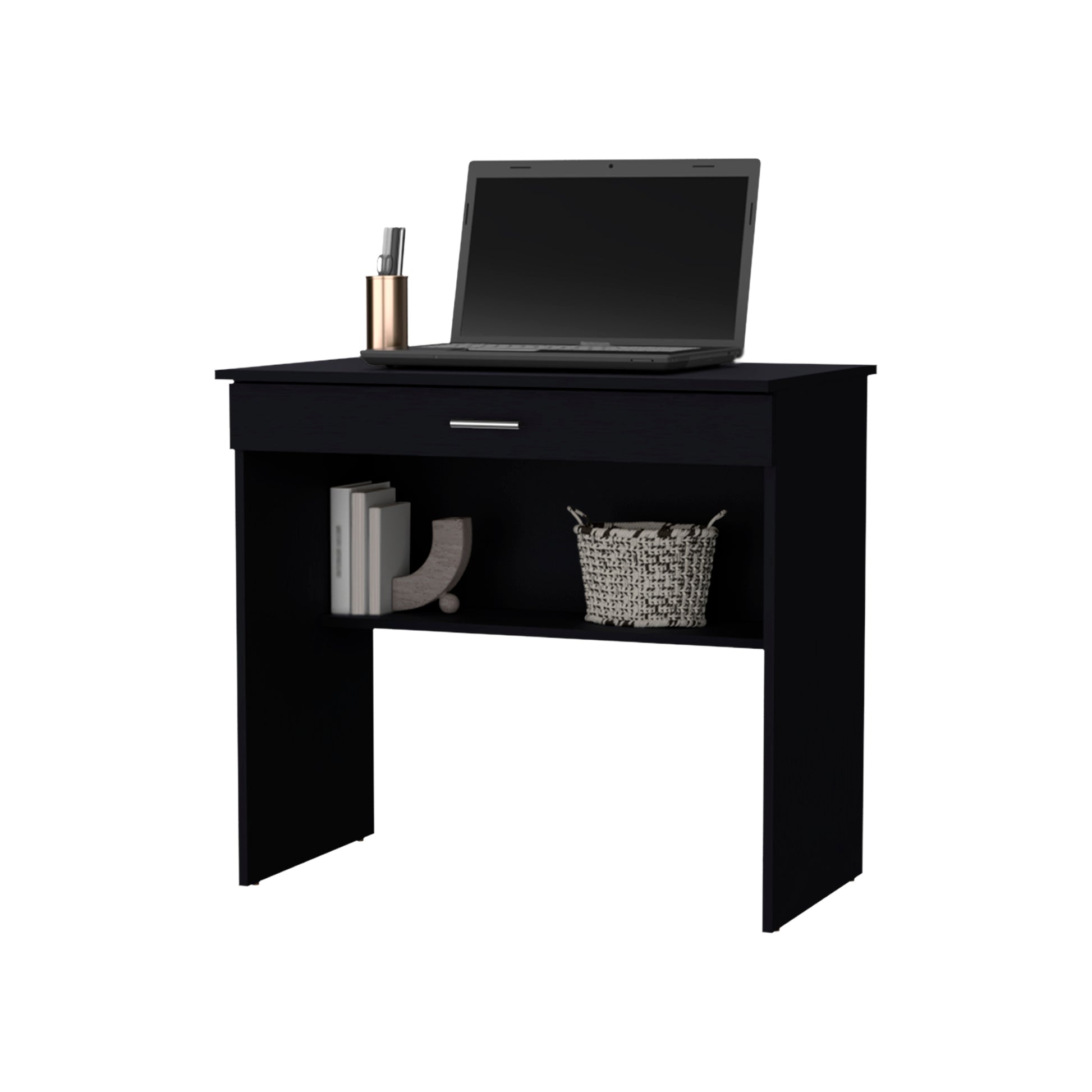 Kaylor Storage Desk, Modern Design With Drawer And Shelf Black Office Freestanding Pine Drawers Computer Tables Particle Board Engineered Wood