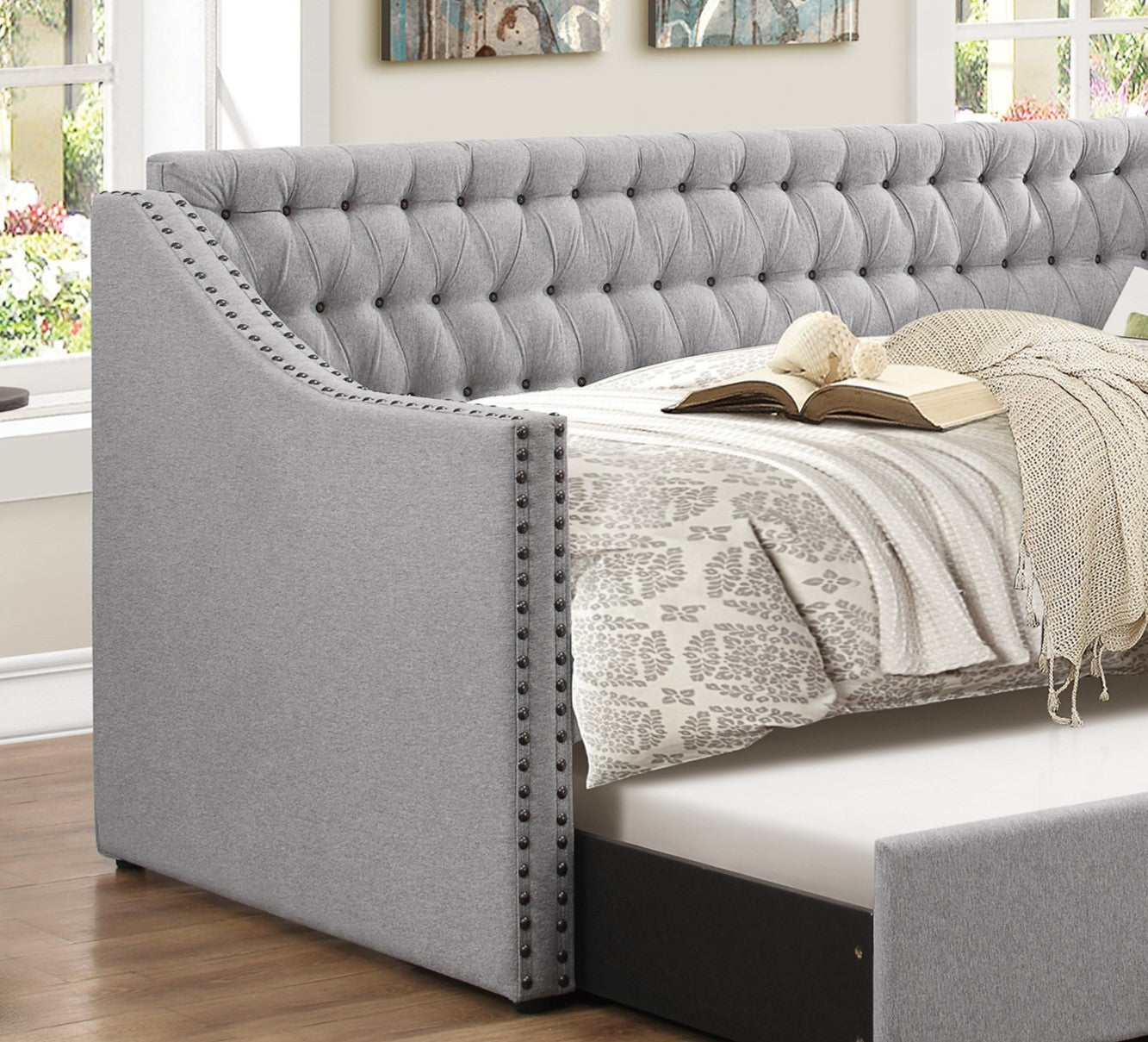 Modern Design Gray Fabric Upholstered 1Pc Sofa Bed W Trundle Button Tufted Detail Trim Daybed Wooden Furniture Twin Box Spring Not Required Gray Wood Bedroom Modern,Traditional Polyester Wood