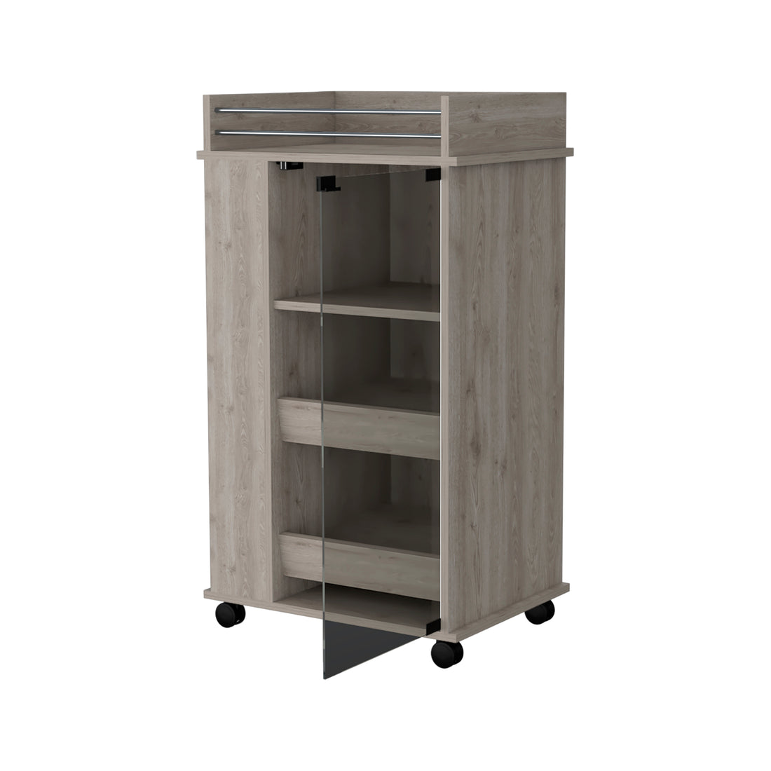 Lusk Bar Cart With 2 Bottle Holder Shelf, Glass Door And Casters 1 2 Shelves Light Gray Primary Living Space Particle Board Engineered Wood