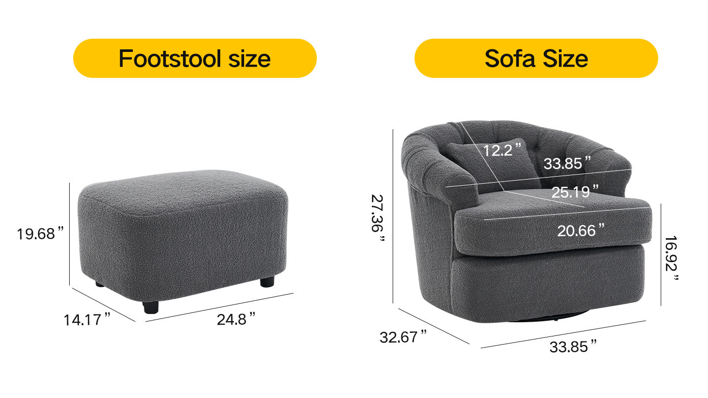 Swivel Chair With Ottoman, Modern Luxury Velvet Swivel Accent Chair, Comfy Round Armchair, Single Sofa Armchair With Lounge Seat For Bedroom Office Reading Spaces,Set Of 1,Dark Grey Dark Gray Teddy