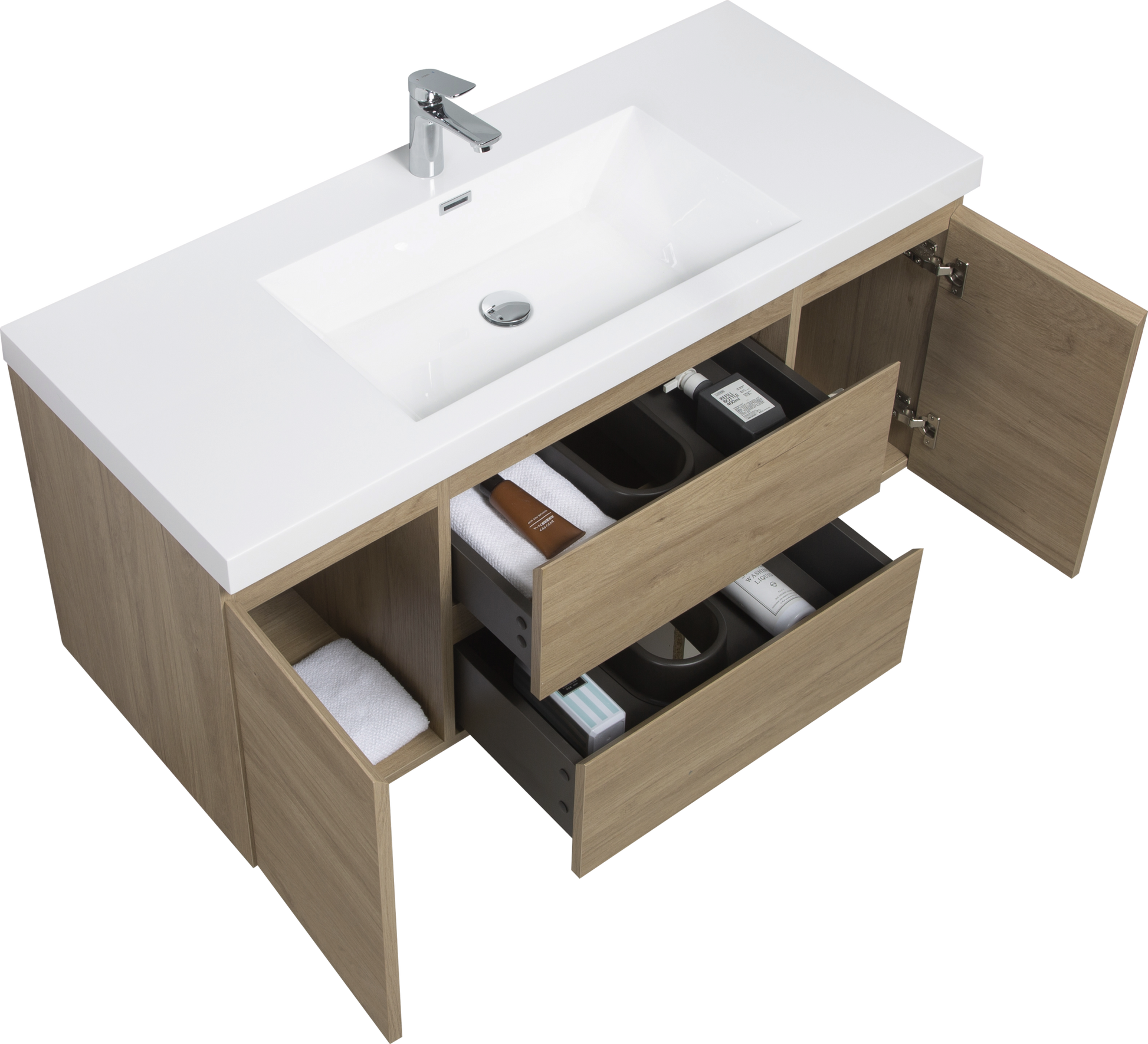 48'' Wall Hung Bathroom Vanity In Natural Oak With White Top 24Vangela 48 6066 Oak Mdf