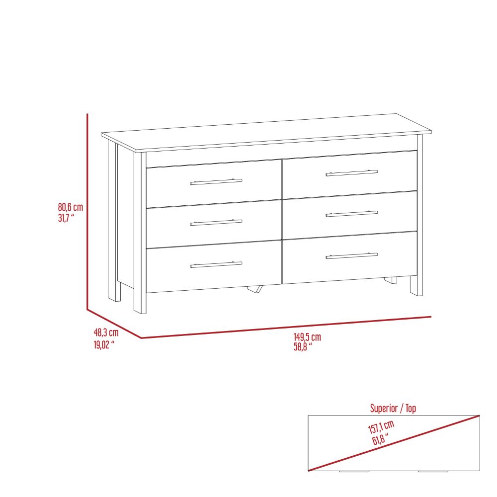 Hms 6 Drawer Double Dresser, Four Legs, Superior Top Light Oak White Multicolor Bedroom Modern Particle Board Particle Board