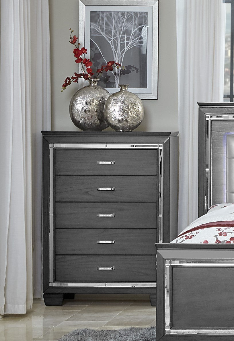 Modern Bedroom Gray Finish 1Pc Chest Of 5X Dovetail Drawers Beveled Mirror Trim Wooden Furniture Faux Crystal Handles Gray Bedroom Glam,Modern Wood