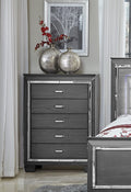 Modern Bedroom Gray Finish 1Pc Chest Of 5X Dovetail Drawers Beveled Mirror Trim Wooden Furniture Faux Crystal Handles Gray Bedroom Glam,Modern Wood