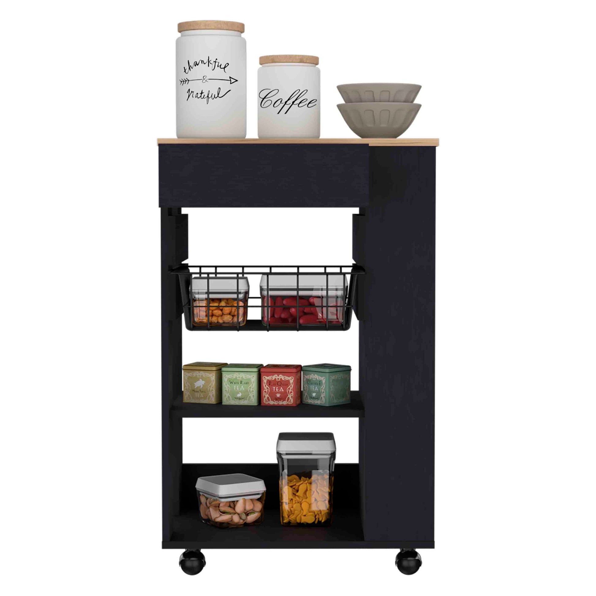 Blosson Kitchen Cart, One Drawer, Two Open Shelves, Four Casters Black Light Oak Multicolor Kitchen Modern Rectangular Stationary Kitchen Islands Particle Board Particle Board Medium 40 55In