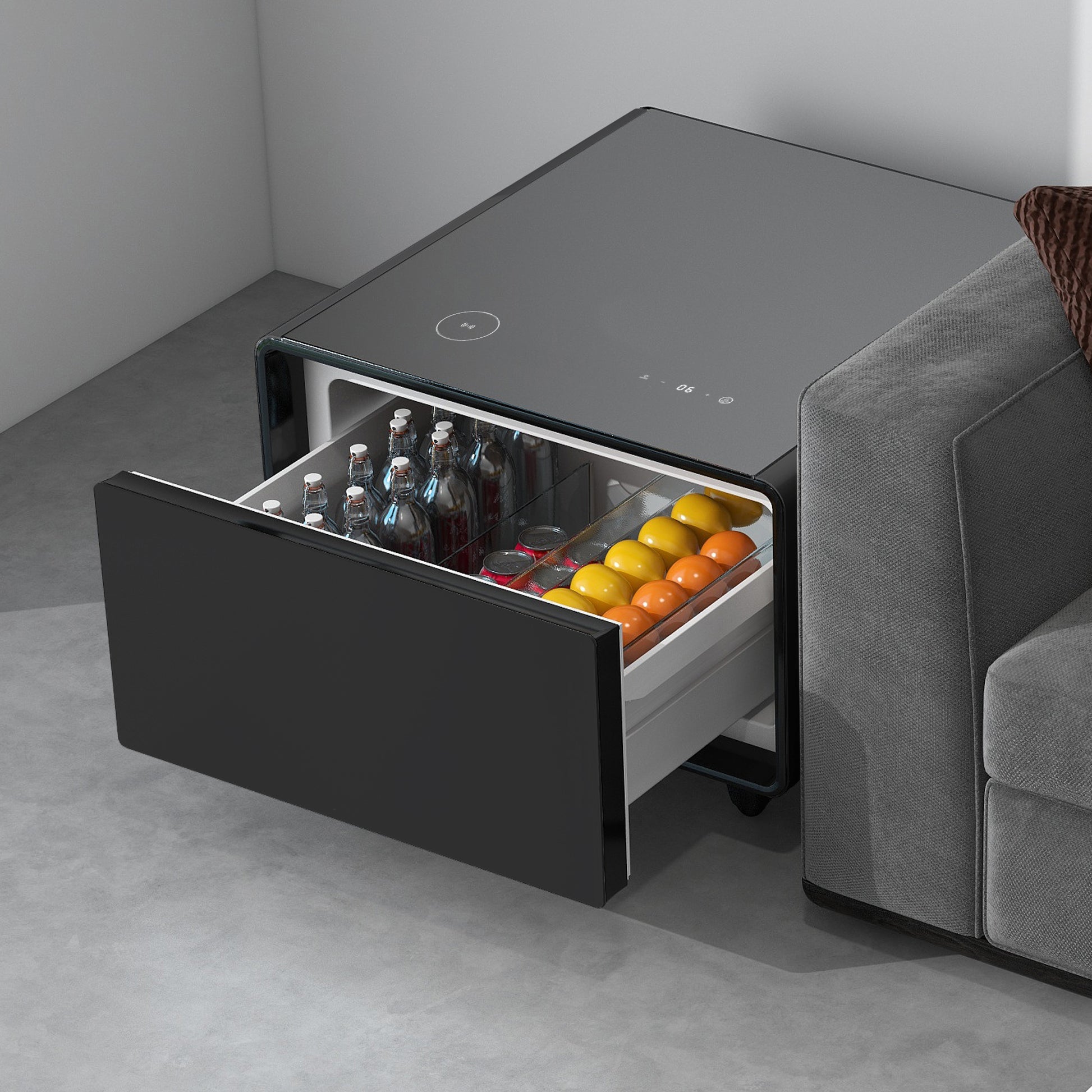Modern Smart Side Table With Built In Fridge, Wireless Charging, Temperature Control, Power Socket, Usb Ports, Outlet Protection, Induction Light, Black Black Built In Outlets Or Usb Standing Desk Converter Primary Living Space Luxury,Modern Freestanding