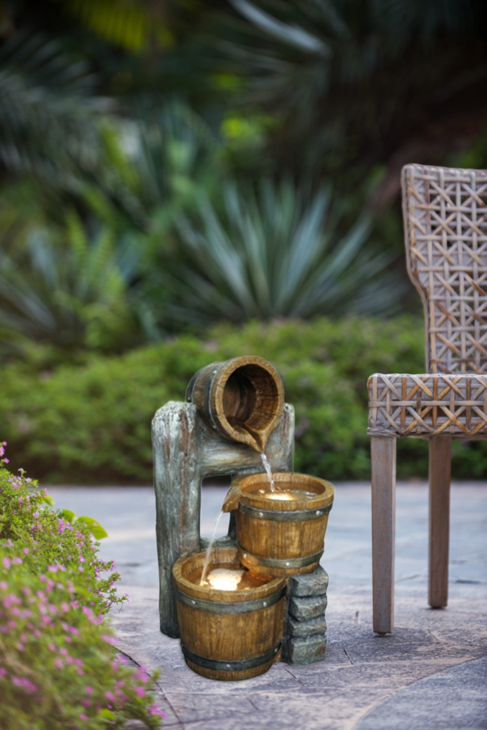 10.4X9.4X19.1" Decorative 3 Tier Bucket Fountain With Lights And Pump, Brown Brown Garden & Outdoor Farmhouse,French Country,Pastoral,Rustic,Traditional Polyresin