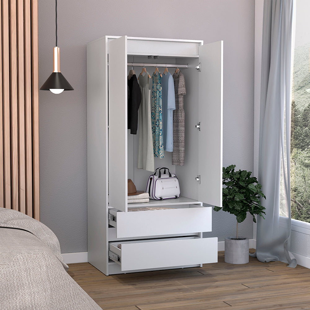 Austin 2 Drawers Armoire, Double Door, Hanging Rod White White Bedroom Modern Particle Board Particle Board