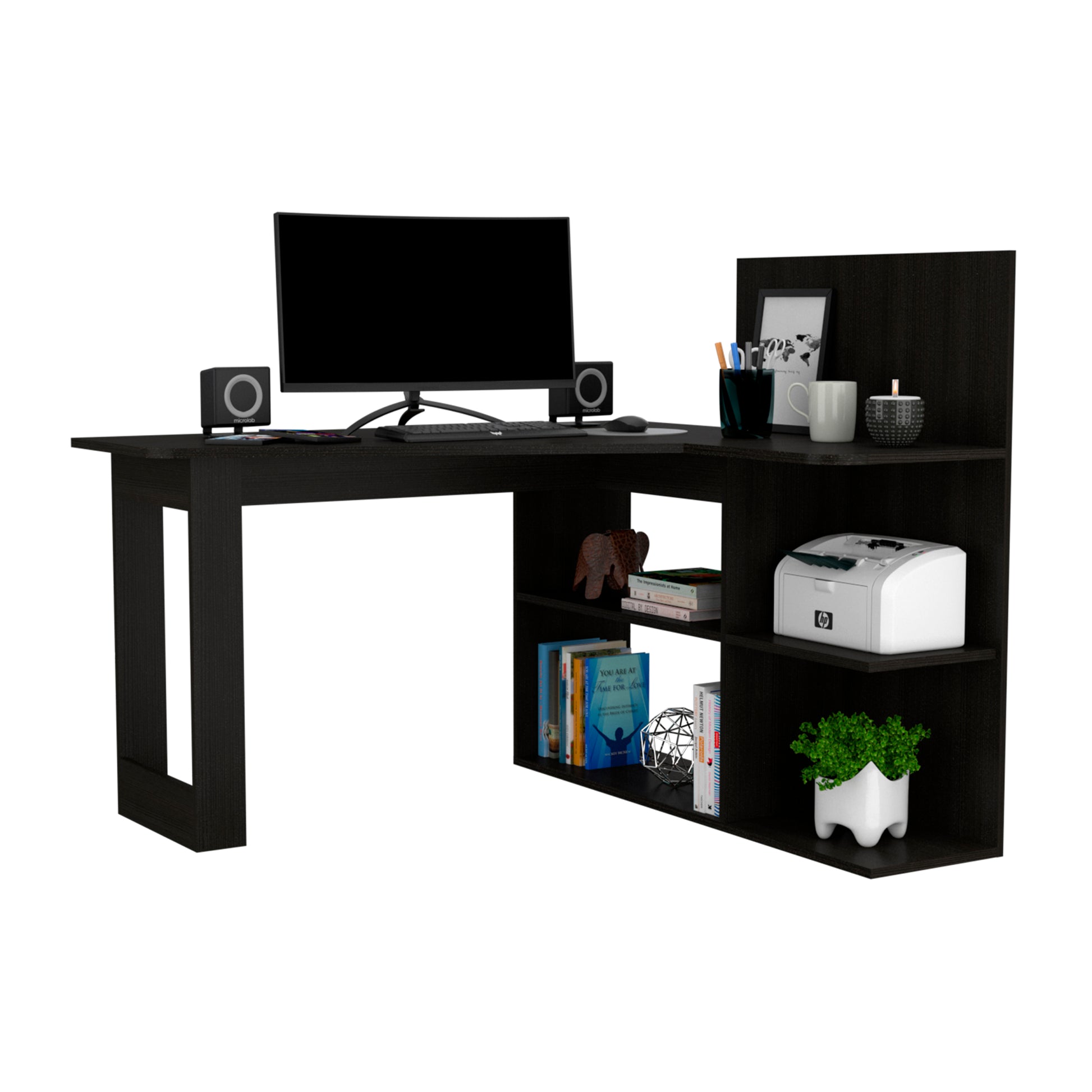 Masai Writing Computer Desk, Five Open Shelves Black Black Computer Desk Modern Freestanding Rectangular Open Storage Desk Rectangular Particle Board Particle Board