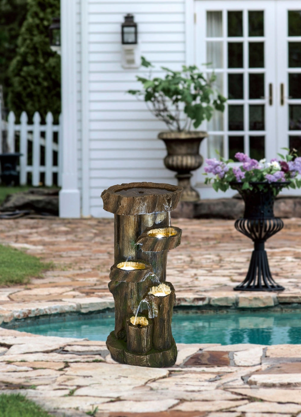 11X13.4X31.5" Rustic Decorative Tree Trunk 5 Tier Water Fountain, With Light And Pump, For Indoor And Outdoor Brown Garden & Outdoor Farmhouse,French Country,Pastoral,Rustic,Traditional Polyresin