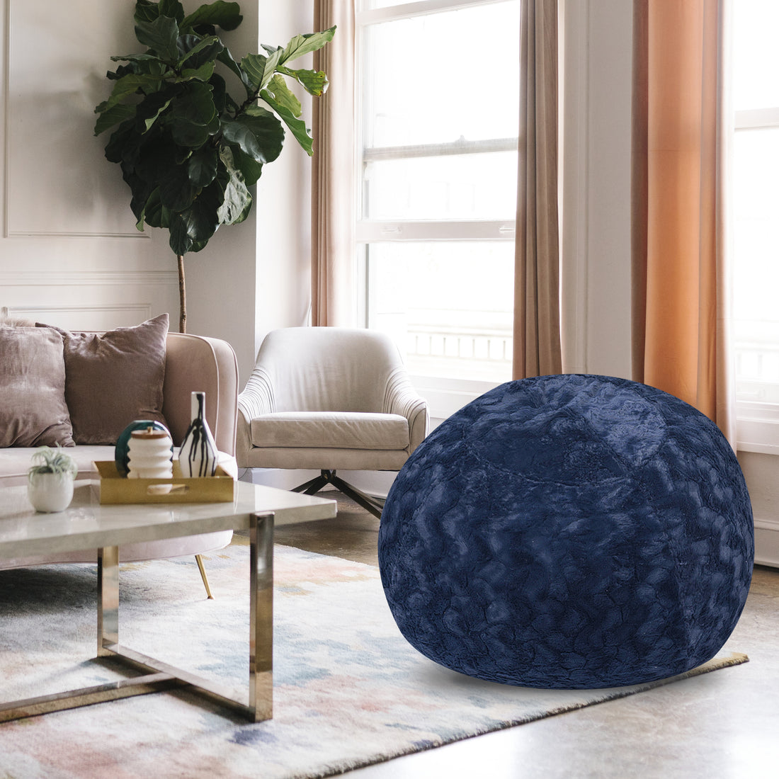 Faux Fur Bean Bag Chair, Navy 5Ft Cozy And Stretchable Fabric Lounger For Children And Adults With Easy Clean Cover, Comfortable Faux Fur Seating For Bedrooms, Filled With Shredded And Memory Foam. Navy Faux Fur