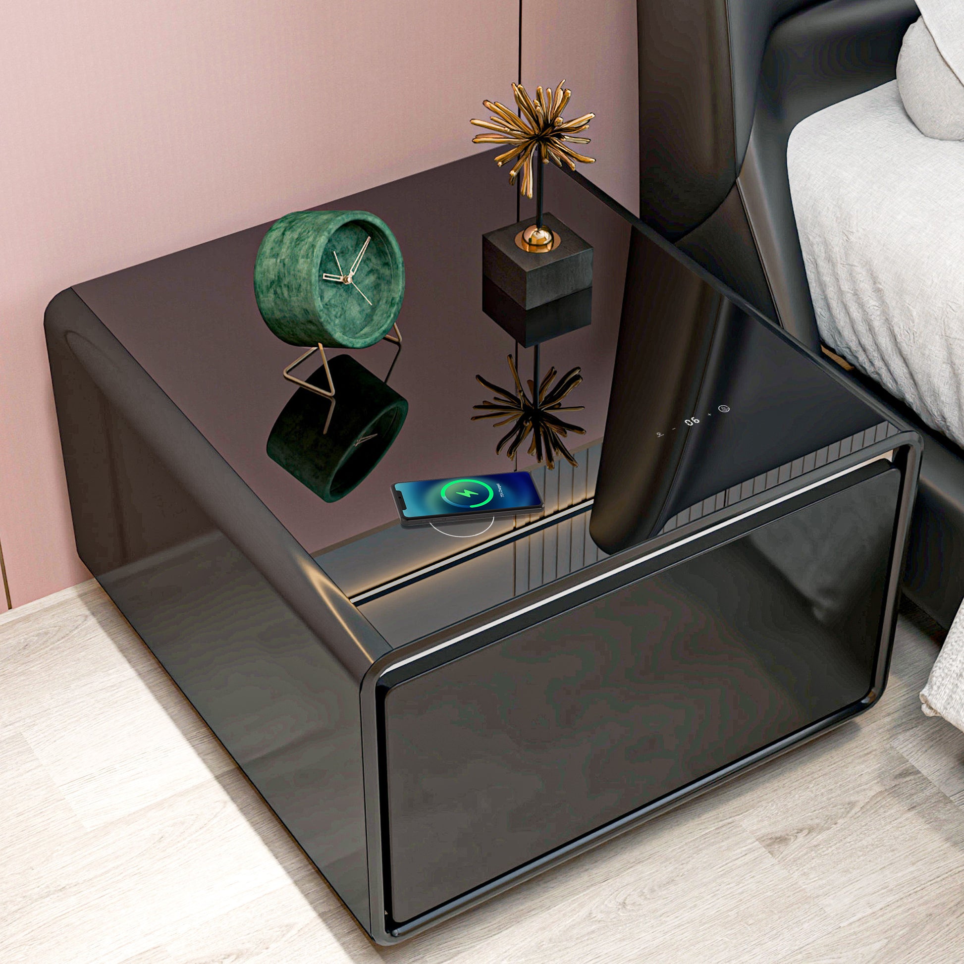 Modern Smart Side Table With Built In Fridge, Wireless Charging, Temperature Control, Power Socket, Usb Ports, Outlet Protection, Induction Light, Black Black Built In Outlets Or Usb Standing Desk Converter Primary Living Space Luxury,Modern Freestanding