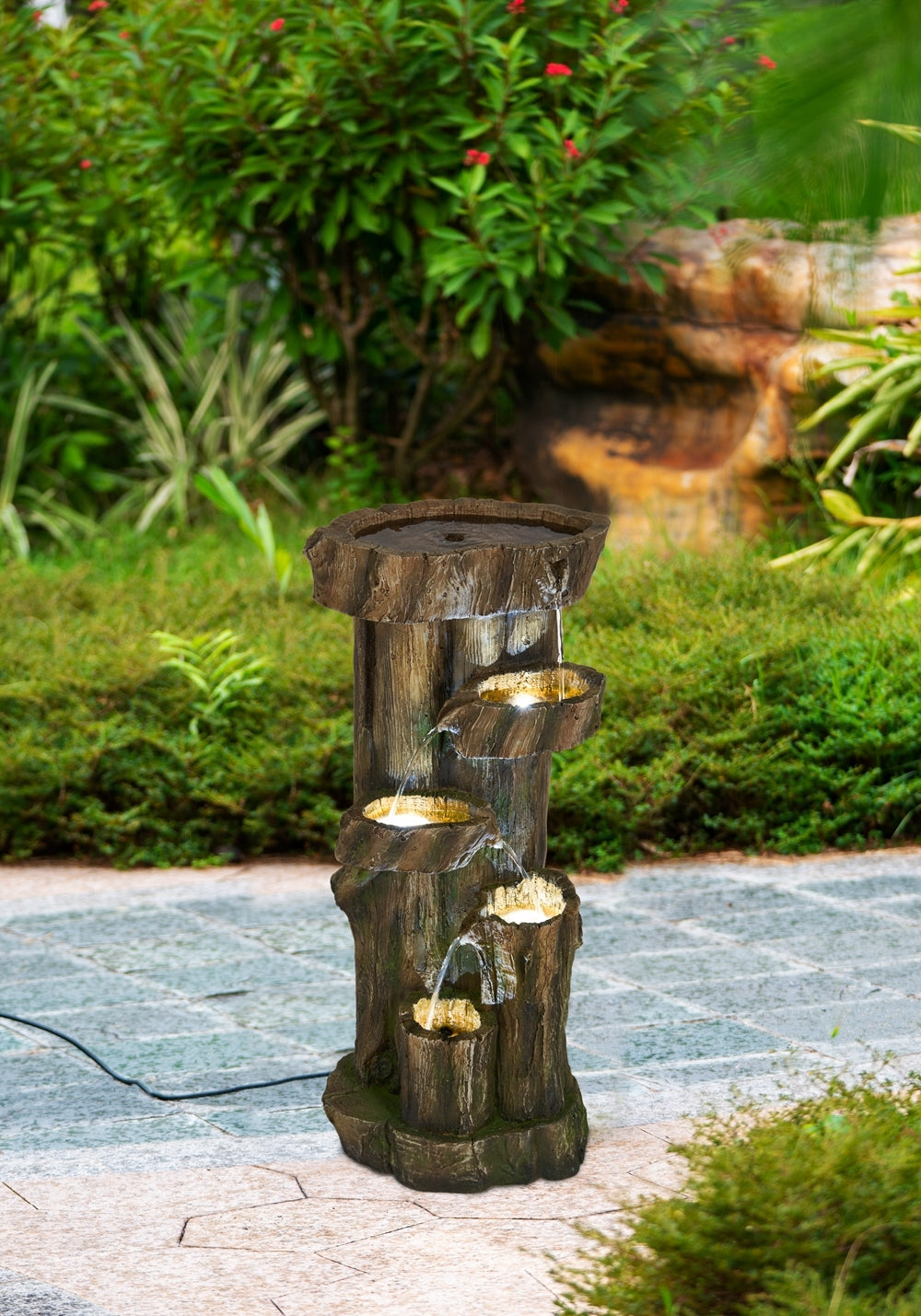 11X13.4X31.5" Rustic Decorative Tree Trunk 5 Tier Water Fountain, With Light And Pump, For Indoor And Outdoor Brown Garden & Outdoor Farmhouse,French Country,Pastoral,Rustic,Traditional Polyresin