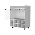 Minneapolis Bar Cart With Integrated 8 Bottle Rack, Glass Encased Cabinet And Aluminum Bar Top White Modern Pine Particle Board Engineered Wood