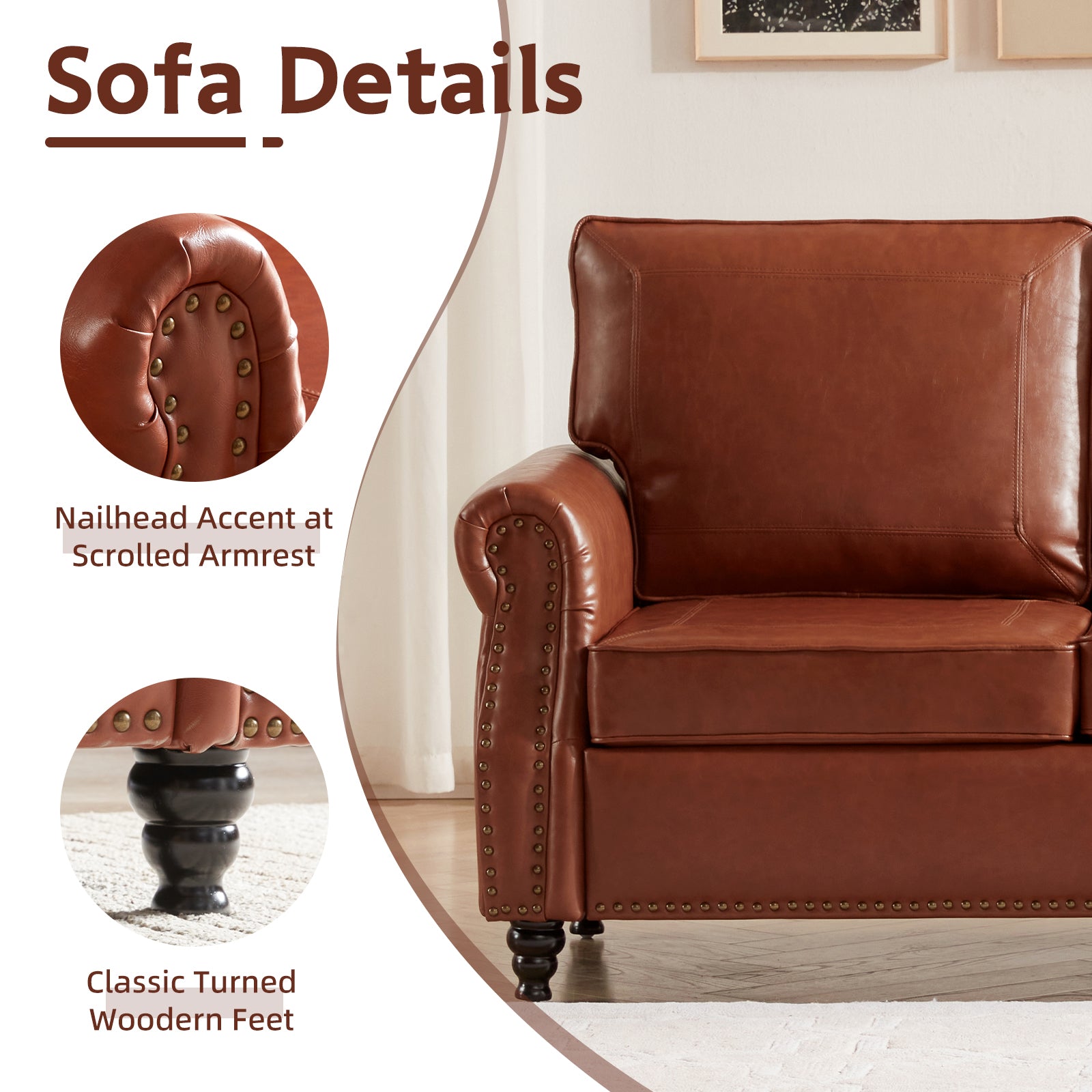 79'' Traditional Faux Leather Sofa, 3 Seater Couch With Trim And Rolled Arms, Classic Couches For Living Room, Bedroom, Apartment, Easy Assembly, Reddish Brown Light Brown Wood Primary Living Space Heavy Duty Acacia 3 Seat Brown Tan Faux Leather Soft