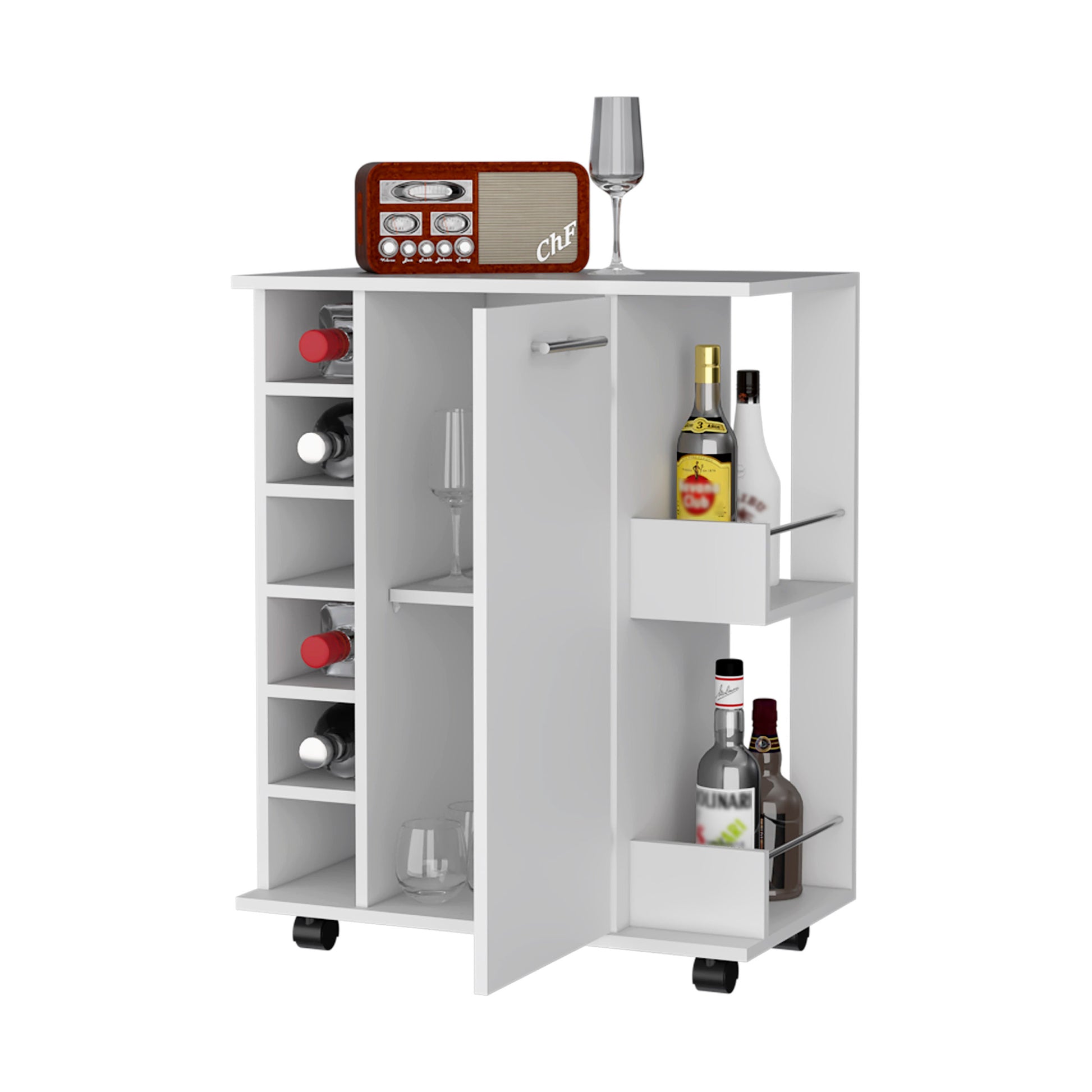 Newport Bar Cart With Casters, 6 Built In Rack And 2 Open Shelves Mobile Carts 5 Or More Shelves White White Primary Living Space Open Storage Space Modern Pine Particle Board Engineered Wood