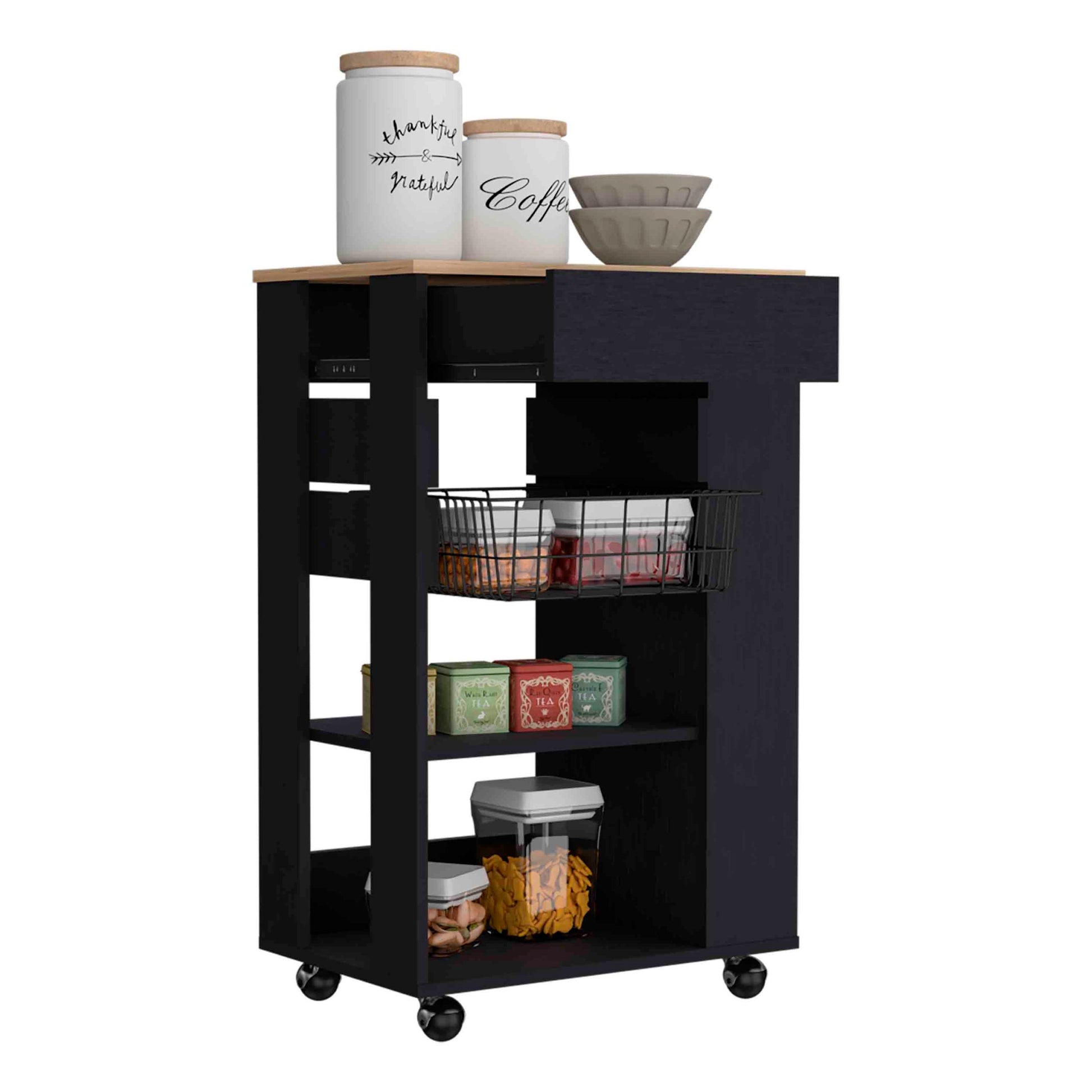 Blosson Kitchen Cart, One Drawer, Two Open Shelves, Four Casters Black Light Oak Multicolor Kitchen Modern Rectangular Stationary Kitchen Islands Particle Board Particle Board Medium 40 55In