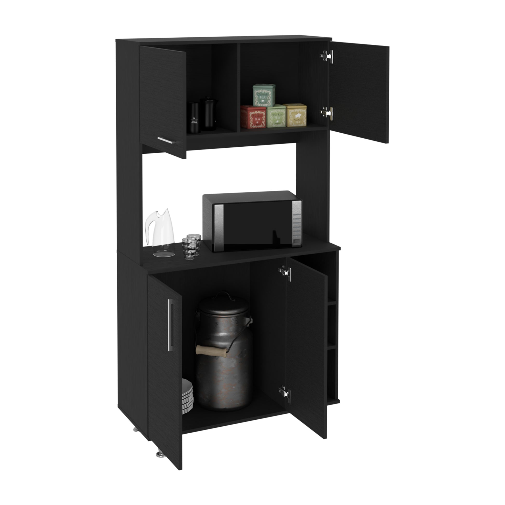 95 Pantry Kit, Four Legs, Double Door Cabinet, Three Shelves Black Freestanding Black Kitchen Shelves Included Modern Particle Board Particle Board