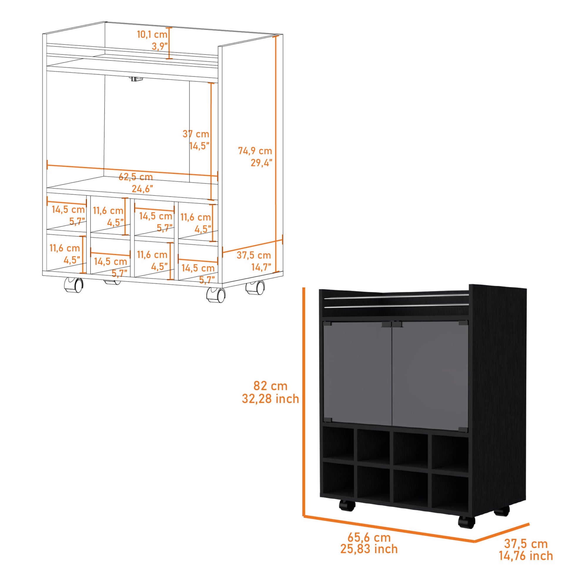 Minneapolis Bar Cart With Integrated 8 Bottle Rack, Glass Encased Cabinet And Aluminum Bar Top Freestanding 5 Or More Spaces Black Primary Living Space Open Storage Space Modern Pine Particle Board Engineered Wood