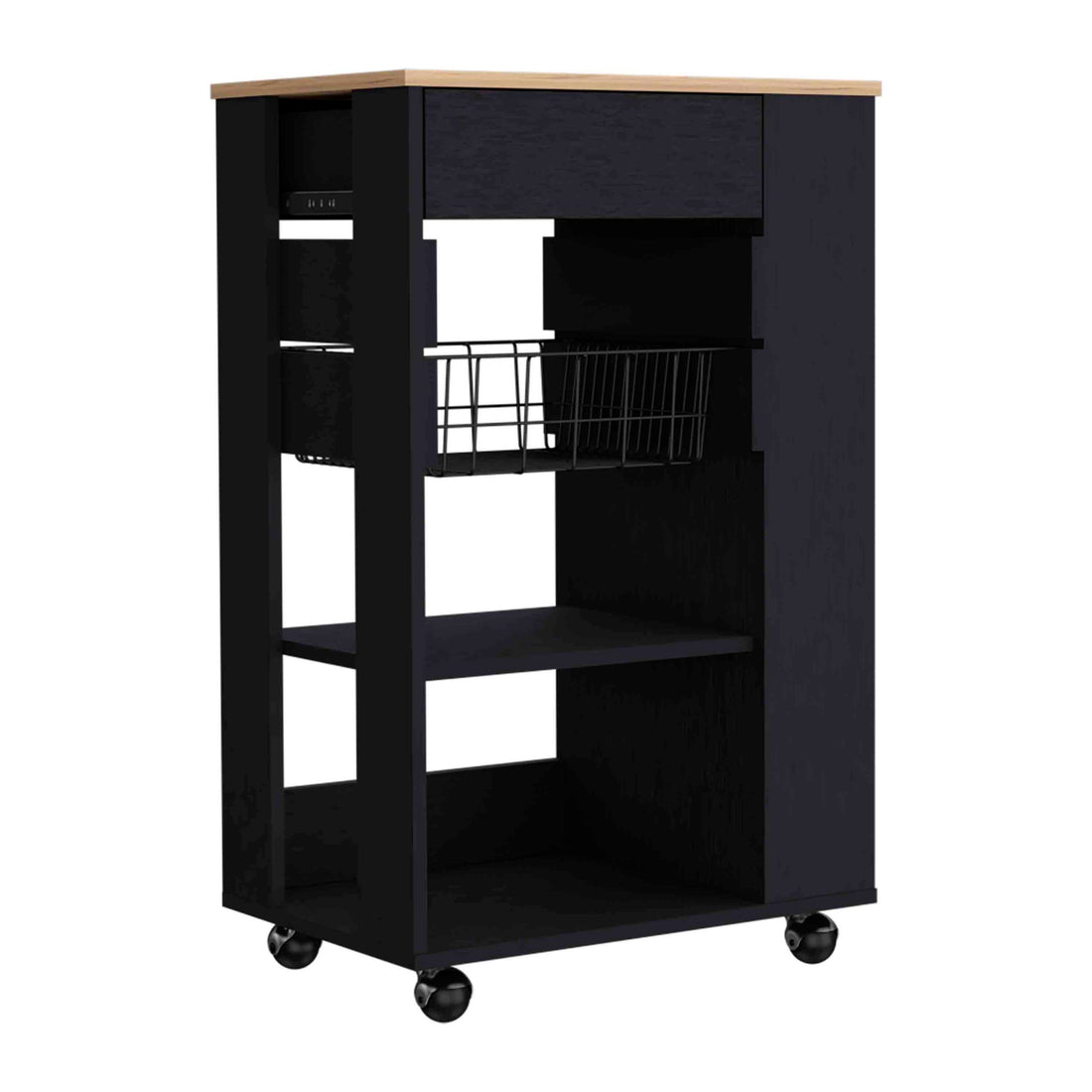 Blosson Kitchen Cart, One Drawer, Two Open Shelves, Four Casters Black Light Oak Multicolor Kitchen Modern Rectangular Stationary Kitchen Islands Particle Board Particle Board Medium 40 55In