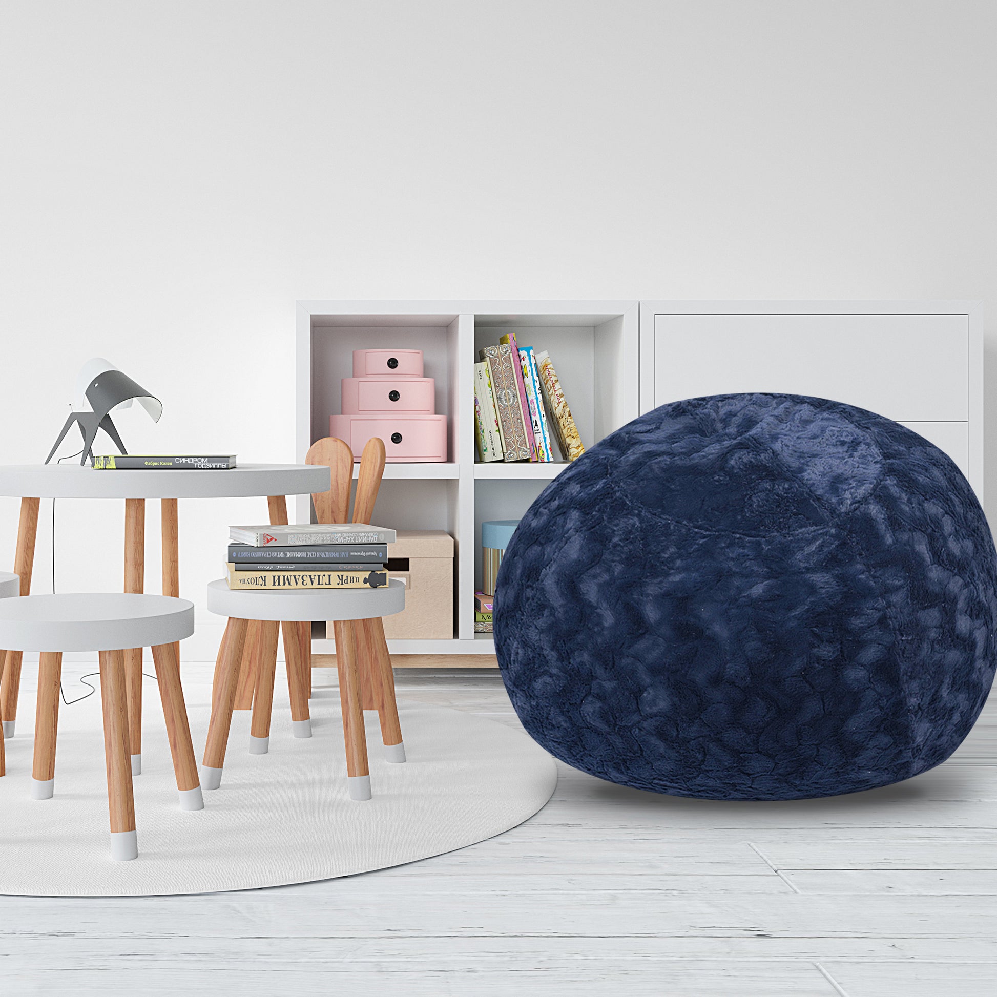 Faux Fur Bean Bag Chair, Navy 5Ft Cozy And Stretchable Fabric Lounger For Children And Adults With Easy Clean Cover, Comfortable Faux Fur Seating For Bedrooms, Filled With Shredded And Memory Foam. Navy Faux Fur