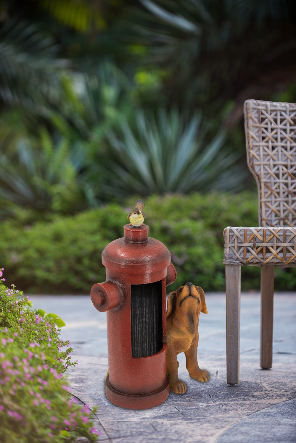 16.2X11X26.8" Red Fire Hydrant Water Fountain With Dog And Bird Accents, Outdoor Fountian With Light And Pump Multi Garden & Outdoor American Design,American Traditional,Classic,Farmhouse,Traditional Polyresin