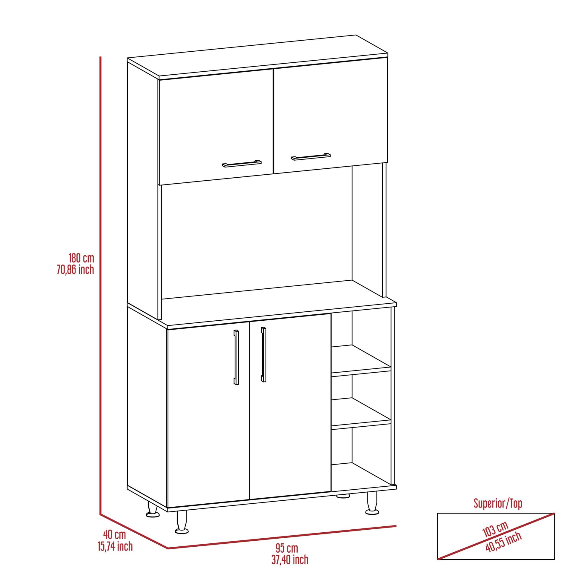 95 Pantry Kit, Four Legs, Double Door Cabinet, Three Shelves White Freestanding White Kitchen Open Storage Space Modern Particle Board Particle Board