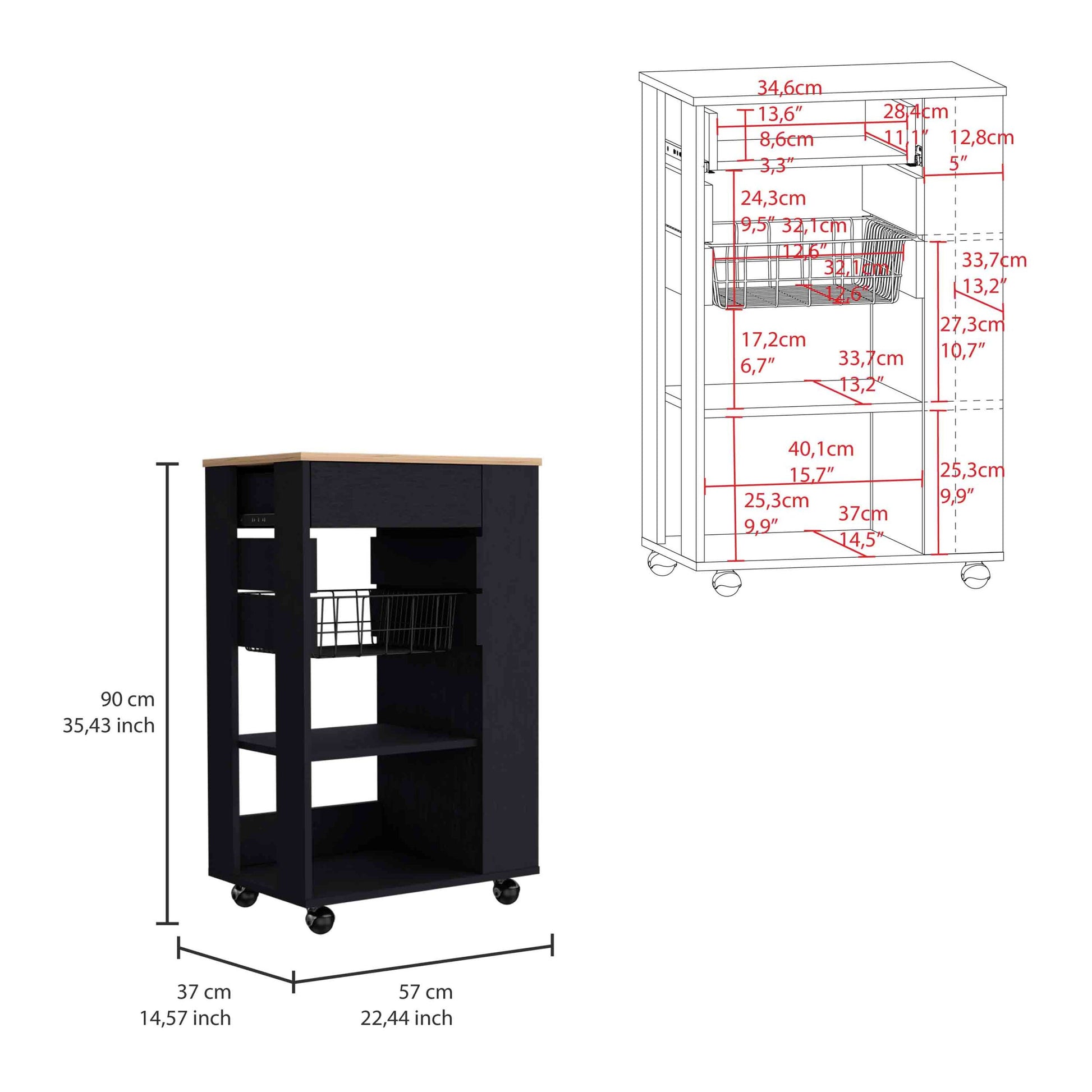 Blosson Kitchen Cart, One Drawer, Two Open Shelves, Four Casters Black Light Oak Multicolor Kitchen Modern Rectangular Stationary Kitchen Islands Particle Board Particle Board Medium 40 55In